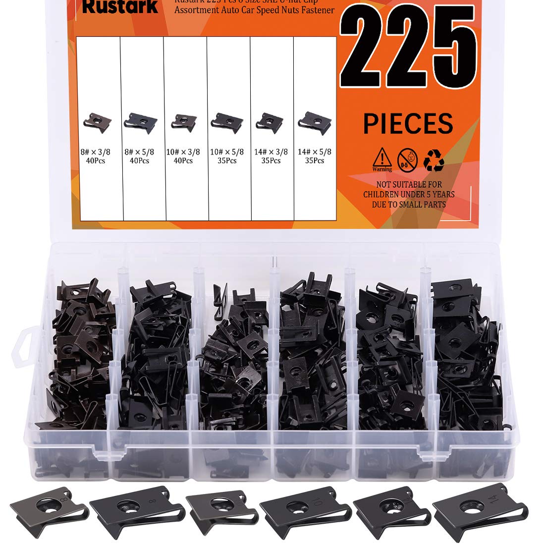 Rustark front box showing 225-piece U-clip assortment for quick repair