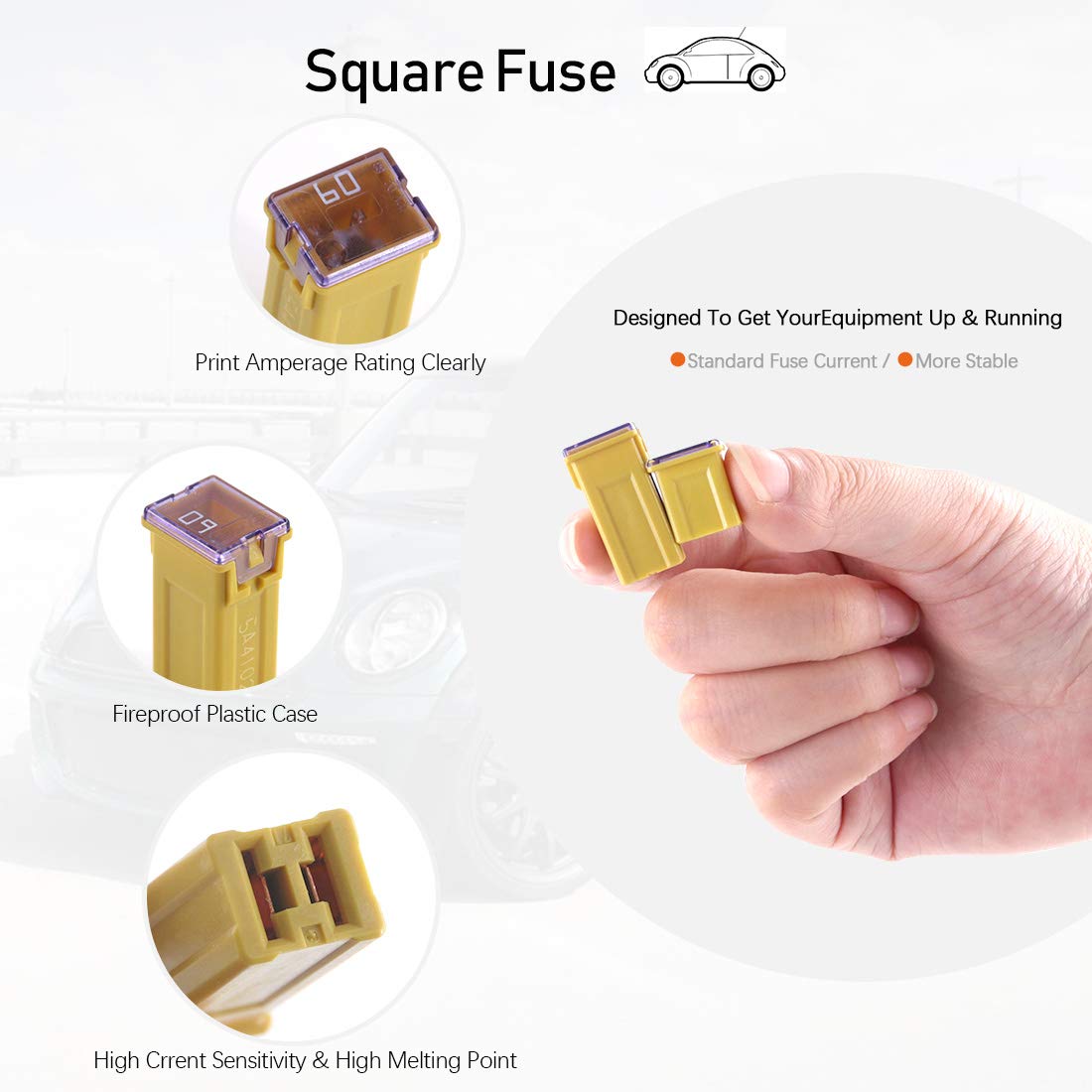Rustark mini blade fuse closeup highlighting compact size, fits tight fuse boxes benefit