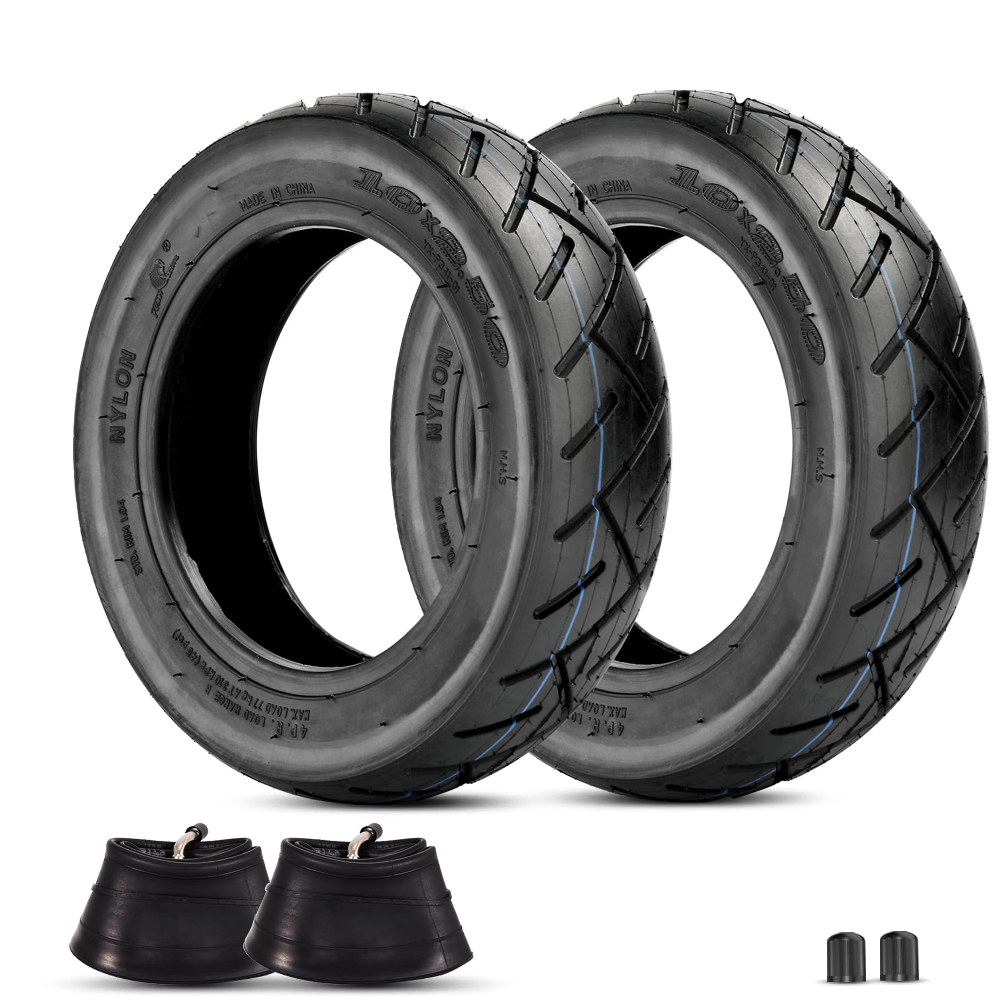 RUTU front view of two 10x2.50 tires and tubes showing full kit and benefits