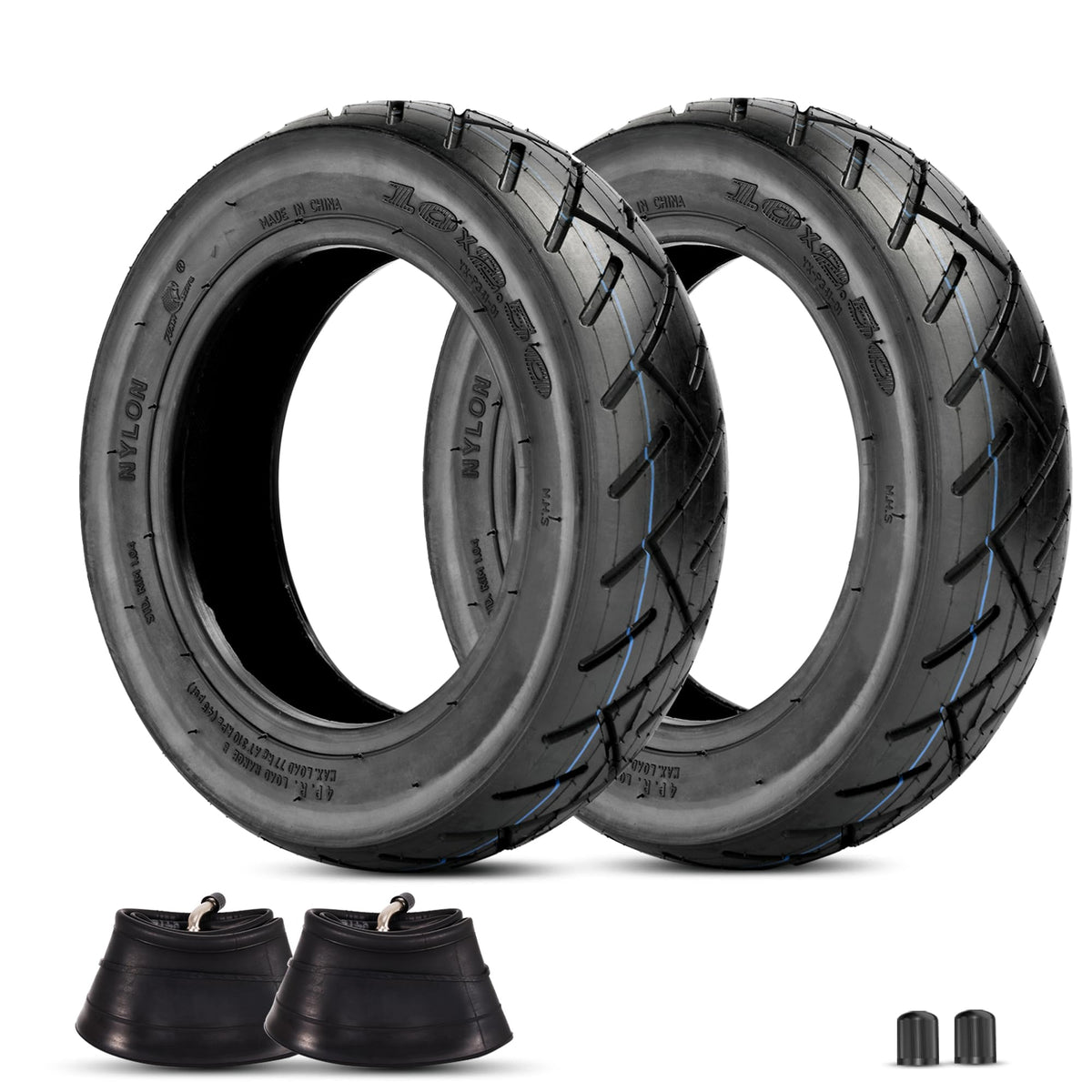 RUTU front view of two 10x2.50 tires and tubes showing full kit and benefits