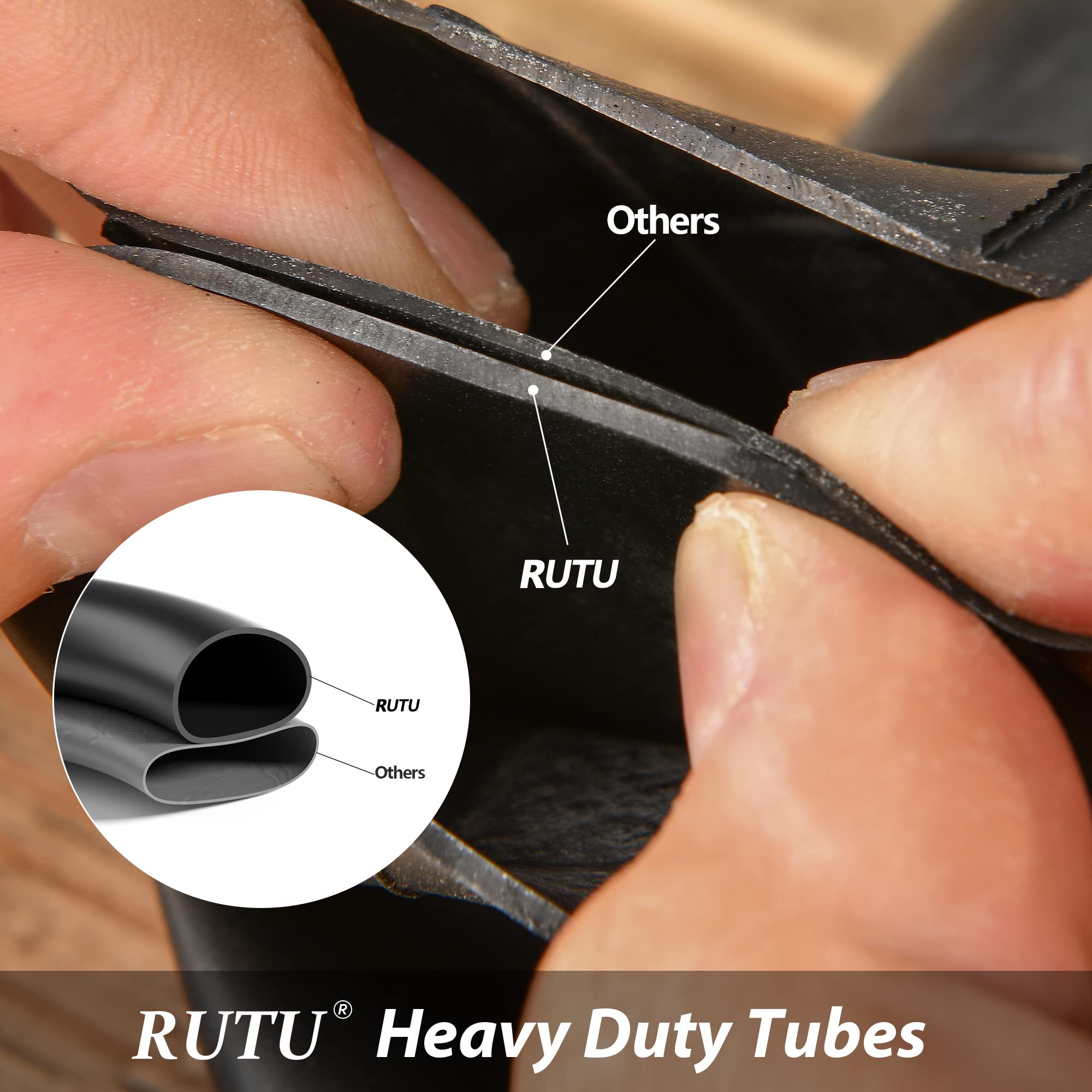 RUTU tire next to ruler showing 10x2.50 scale and proper fit guidance