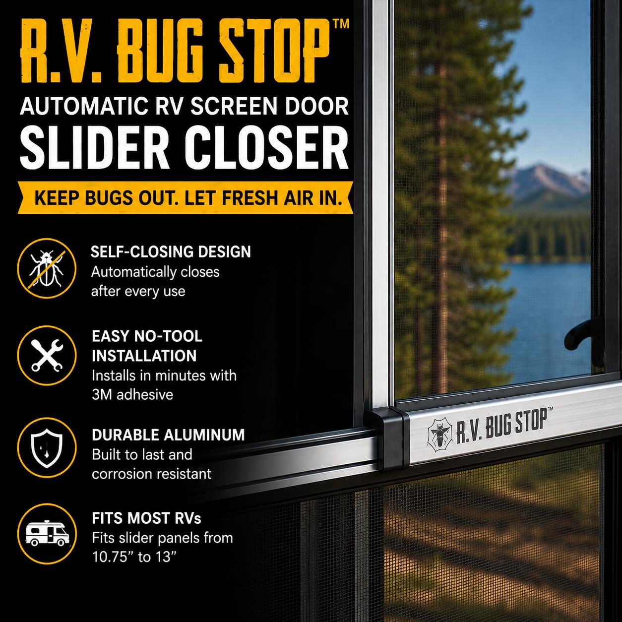 R.V. Bug Stop in use showing slider pulling closed automatically for insect protection