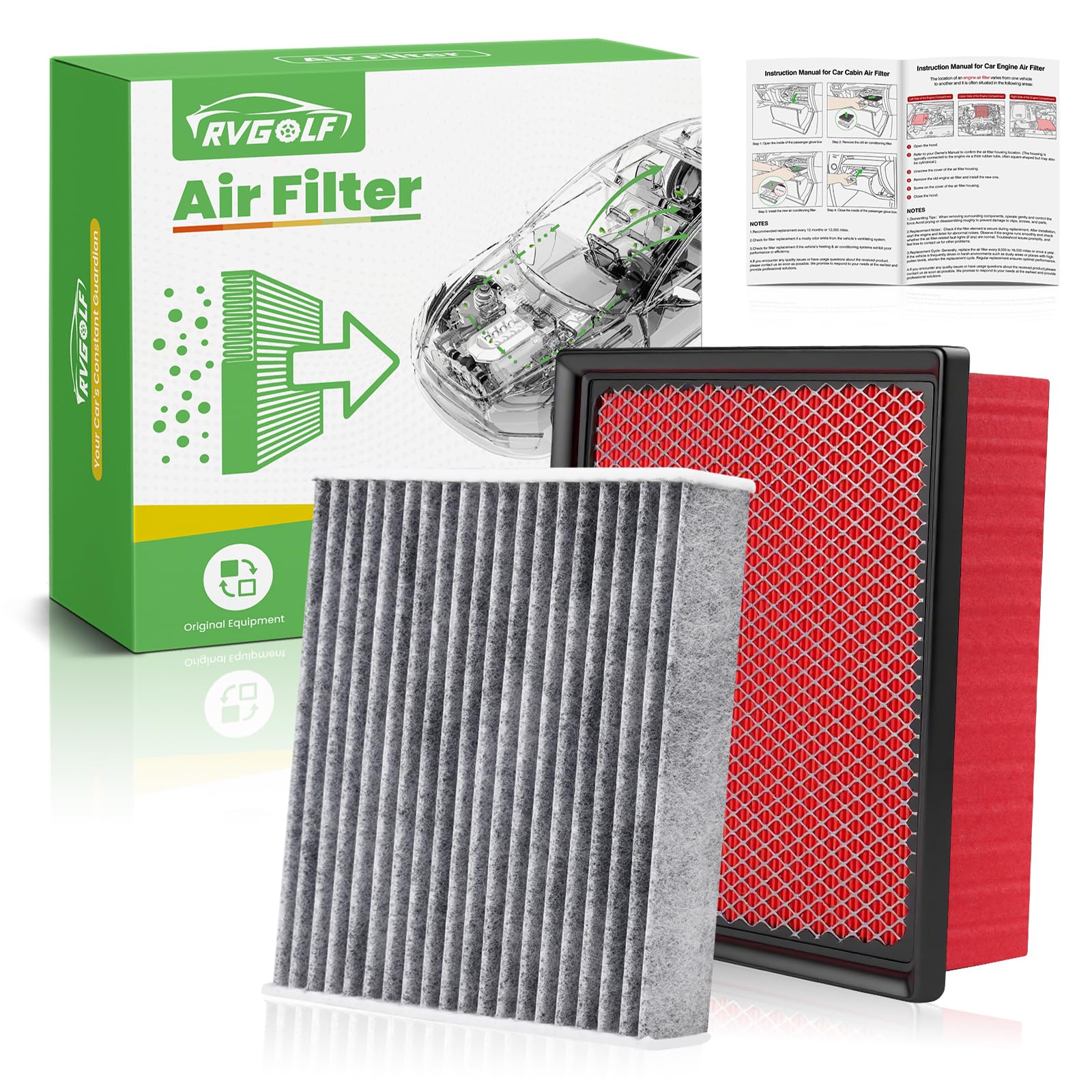RVgolf engine filter front view showing pleats and robust frame for protection