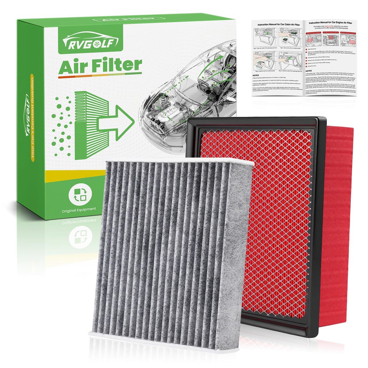 RVgolf engine filter front view showing pleats and robust frame for protection