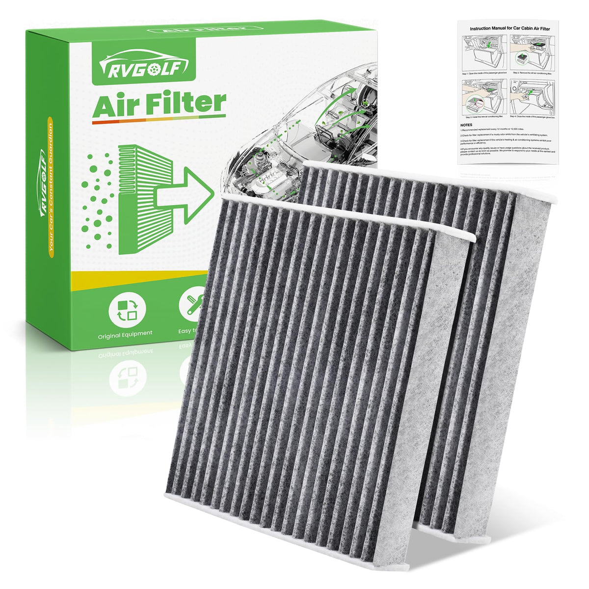 RVgolf front view of 2-pack cabin air filter showing packaging and fit