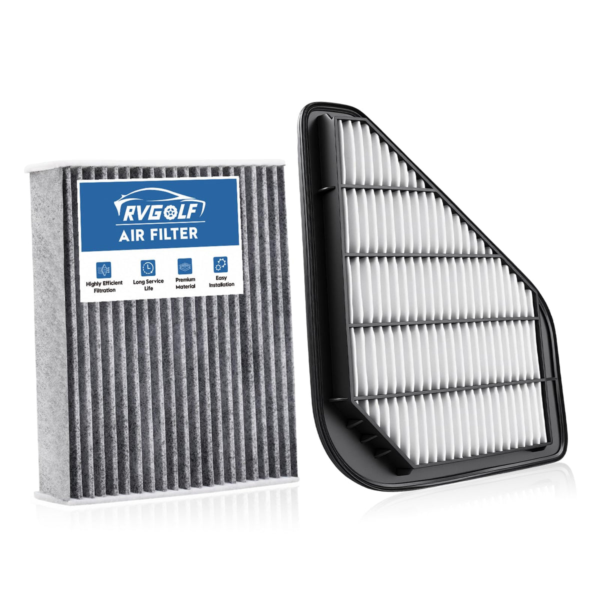 RVgolf front packaging showing both engine and cabin filters, clear fit information