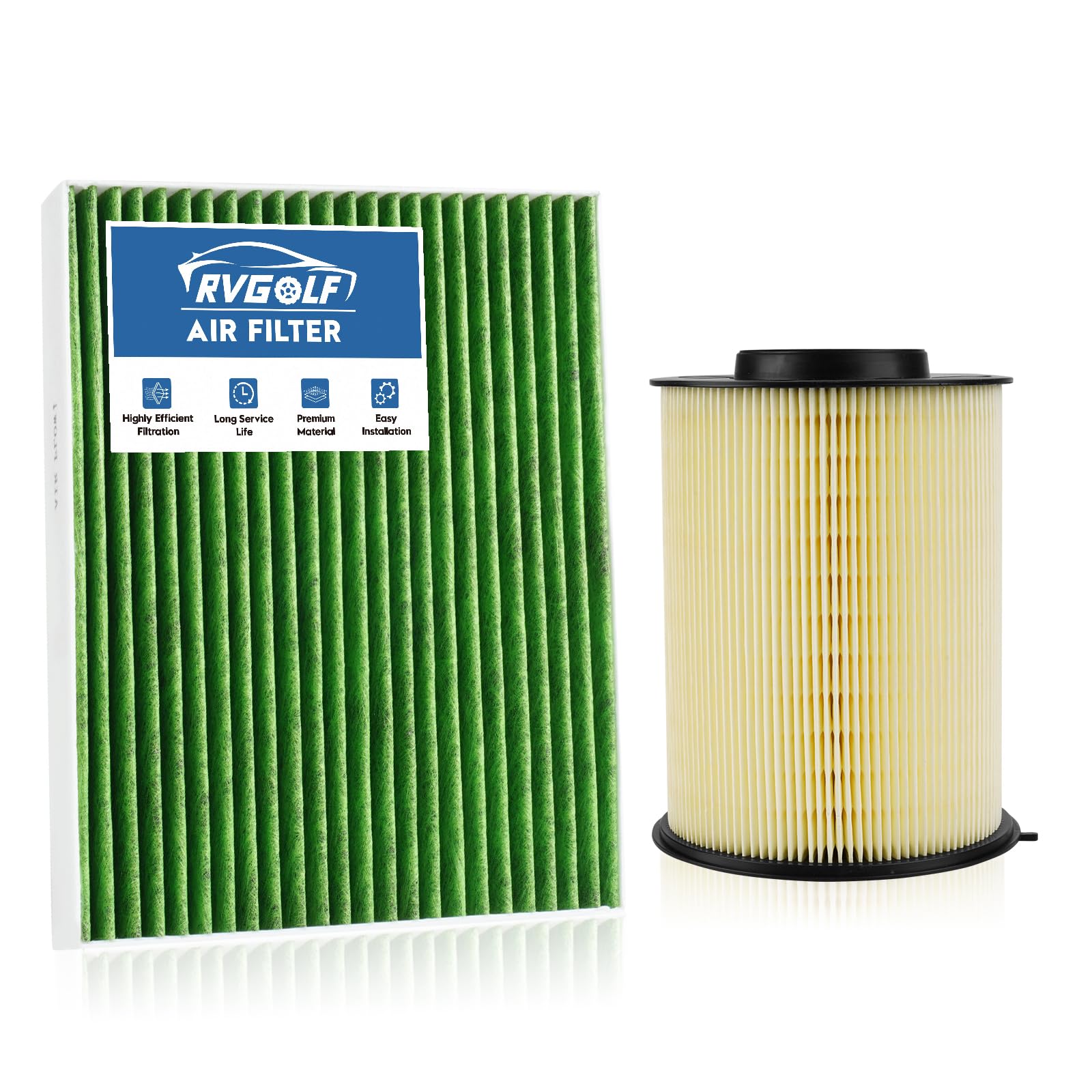 RVgolf front packaging of engine and cabin filter set showing components and fitment benefits