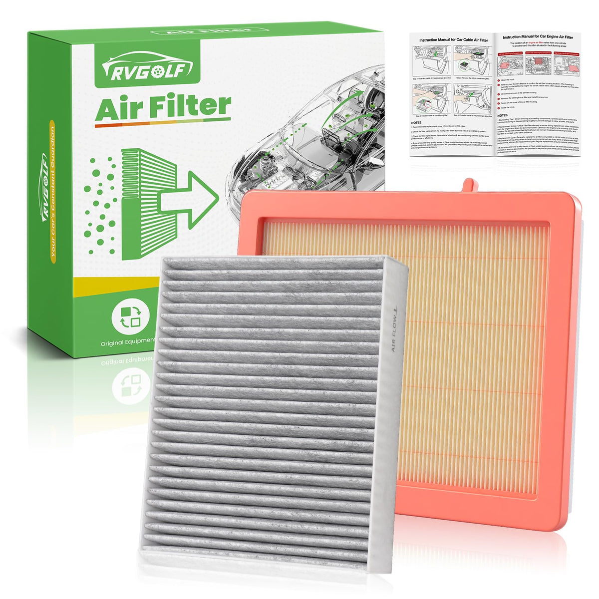 RVgolf front packaging showing both engine and cabin filters and clear fitment benefit