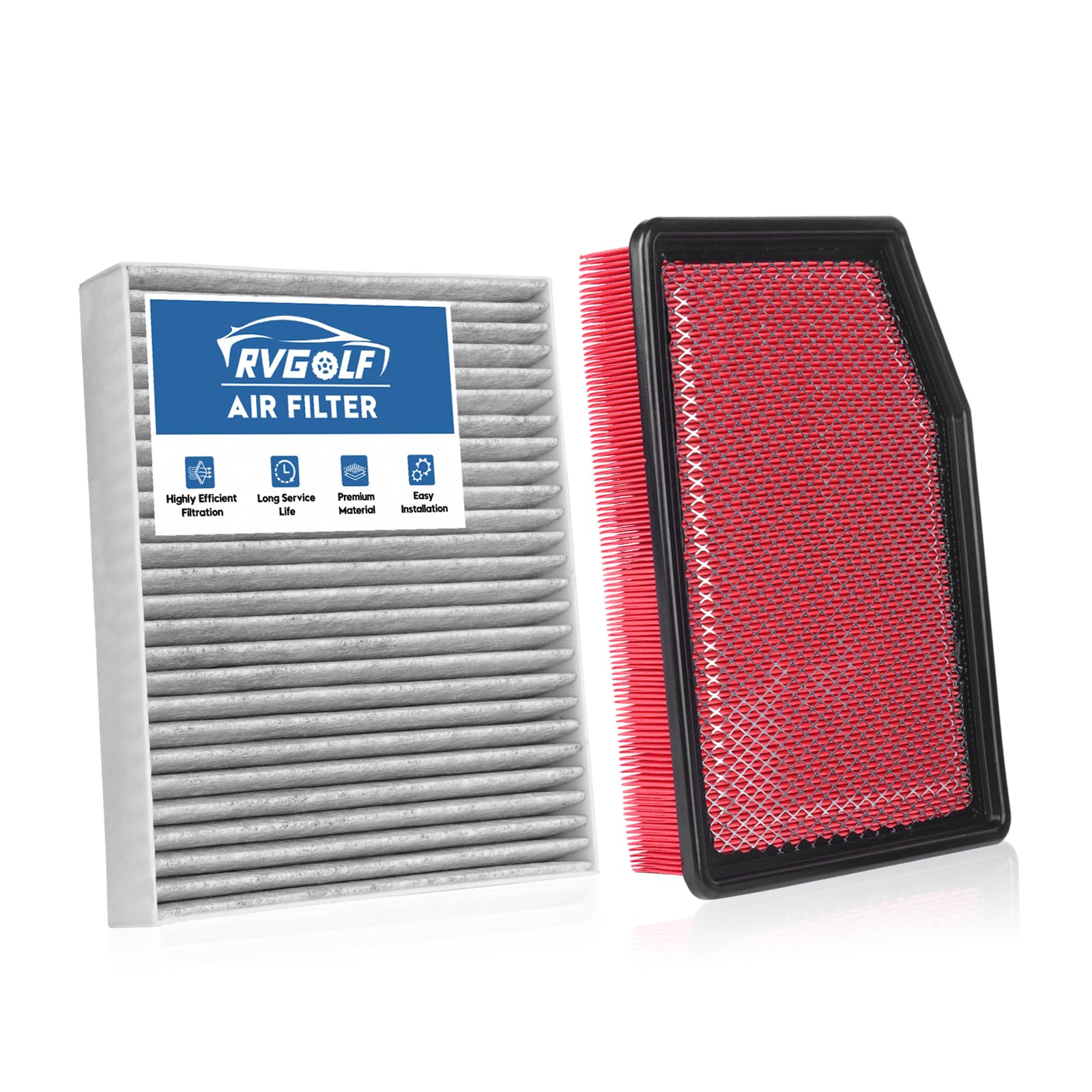 RVgolf front packaging showing both engine and cabin filters and clear contents benefit