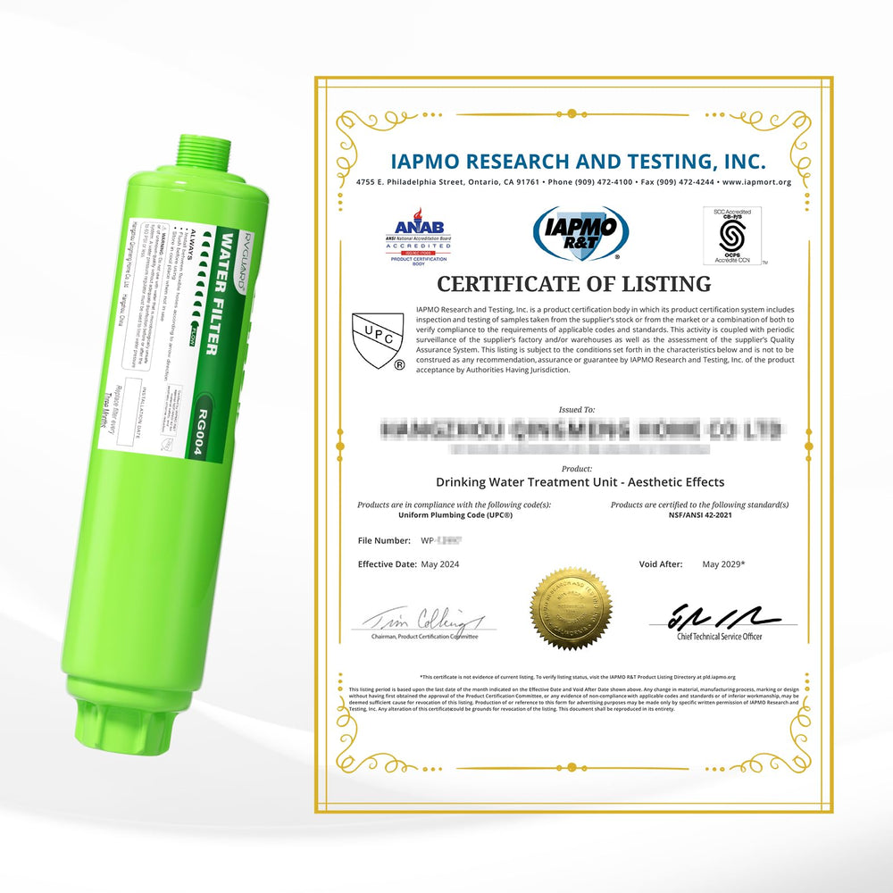 RVGUARD filter closeup with water droplets highlighting durable housing and leak resistance