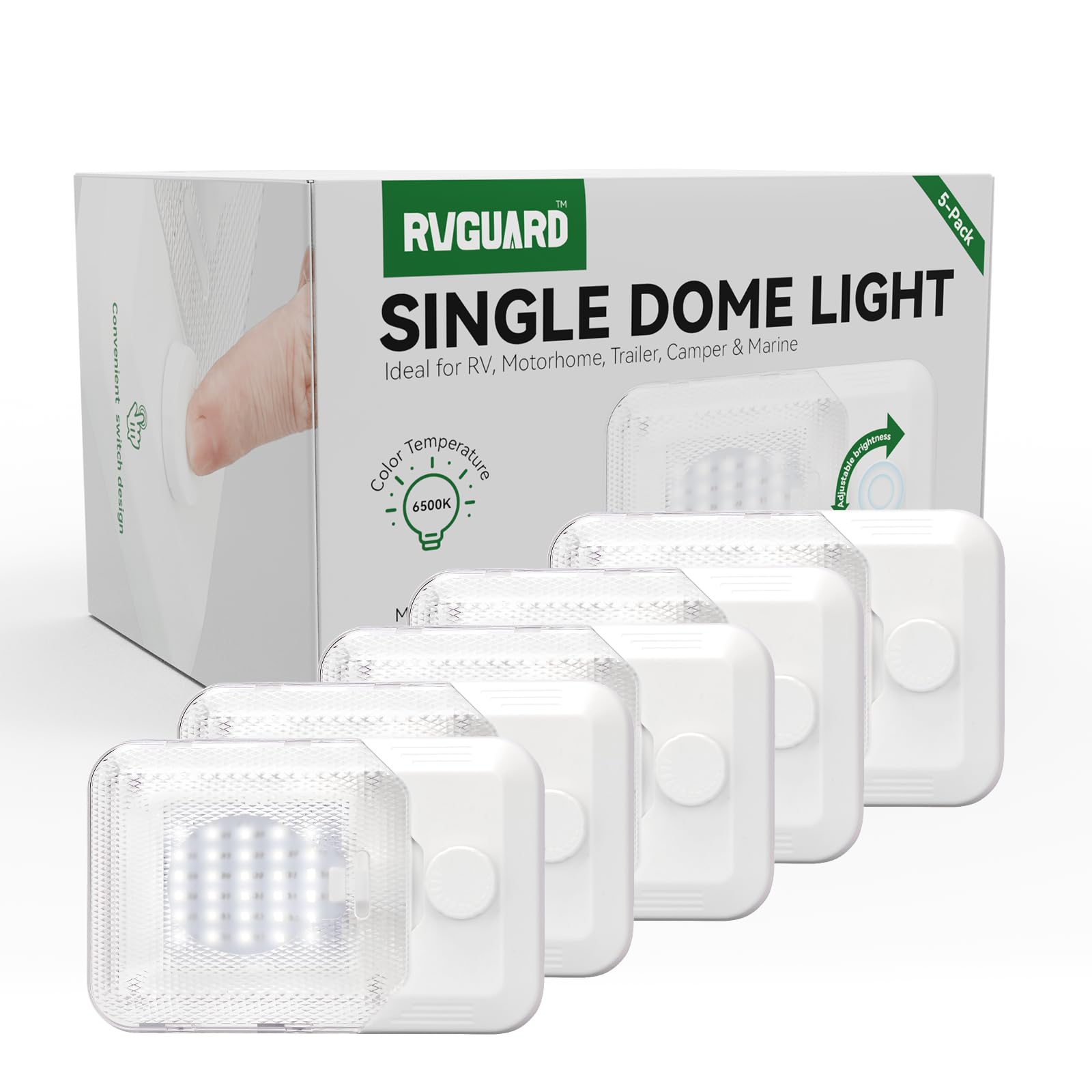 RVGUARD five-pack boxed set ready for multi-point RV lighting upgrades