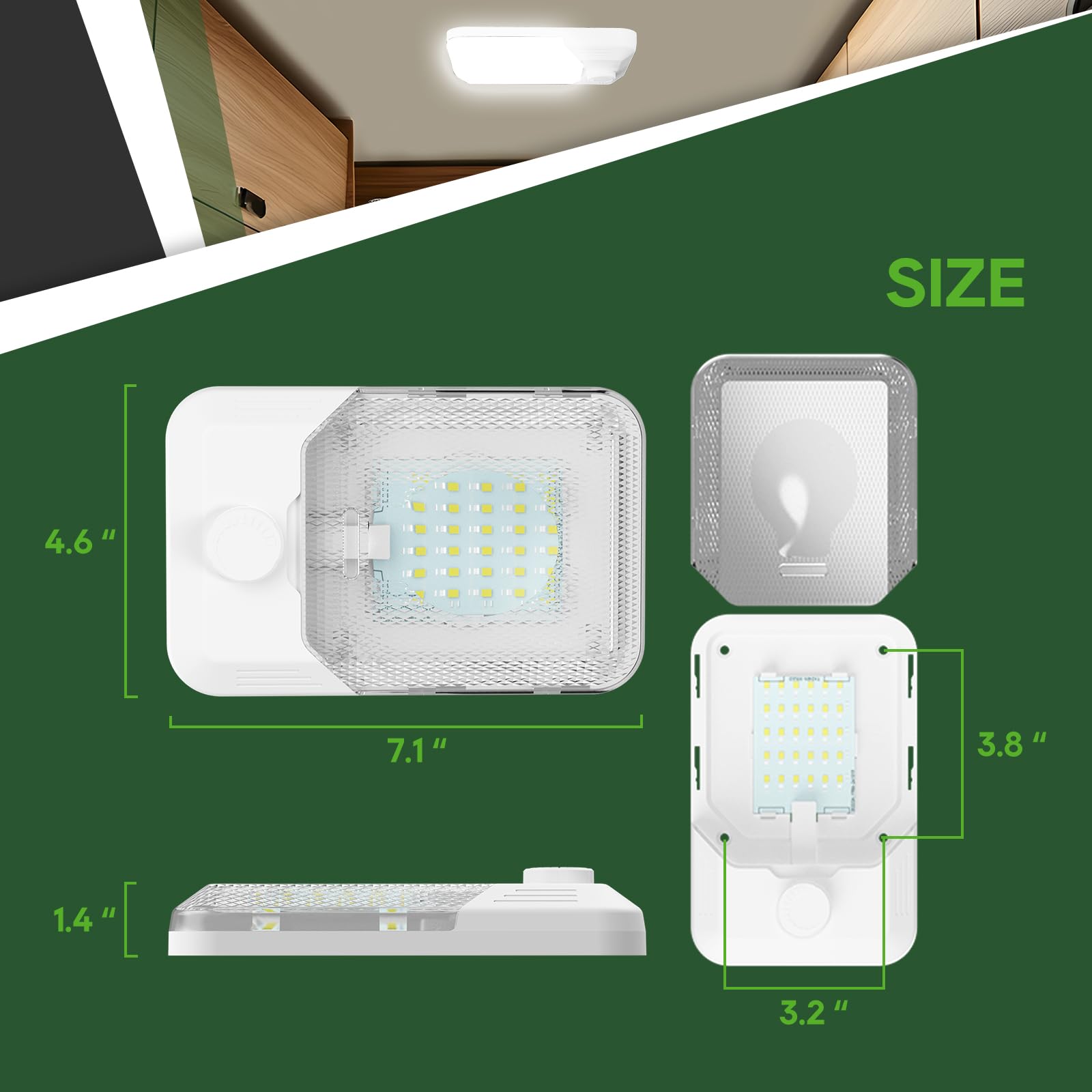 RVGUARD dome light next to ruler showing compact size for small ceilings