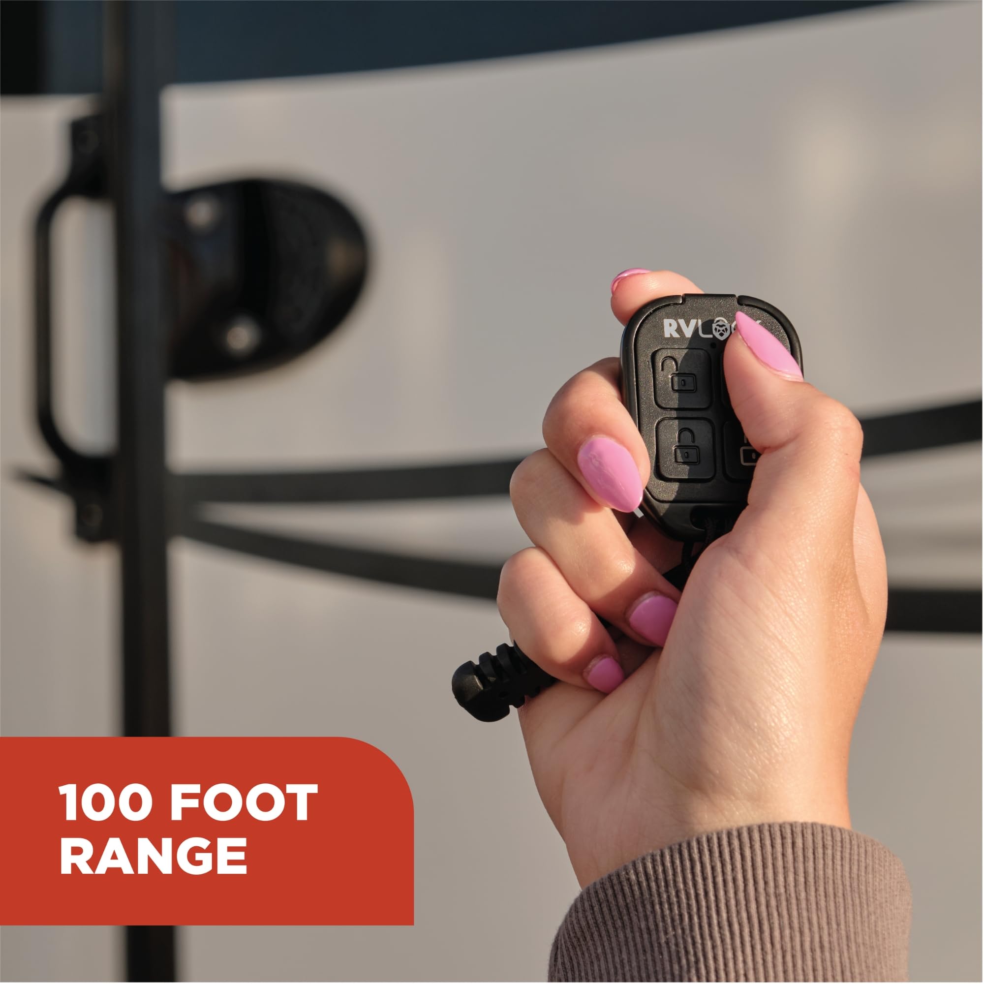 RVLock remote button close-up demonstrating tactile controls for faster access
