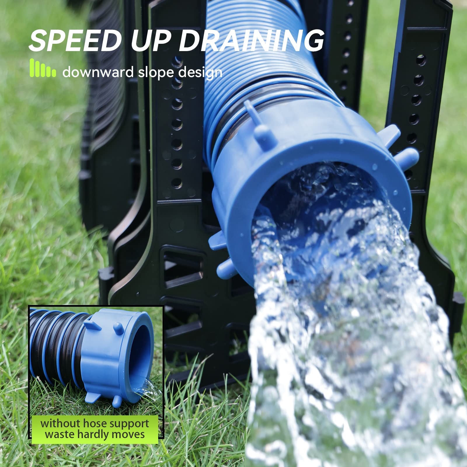 RVMATE angle showing downward slope ensures waste flows freely without pooling