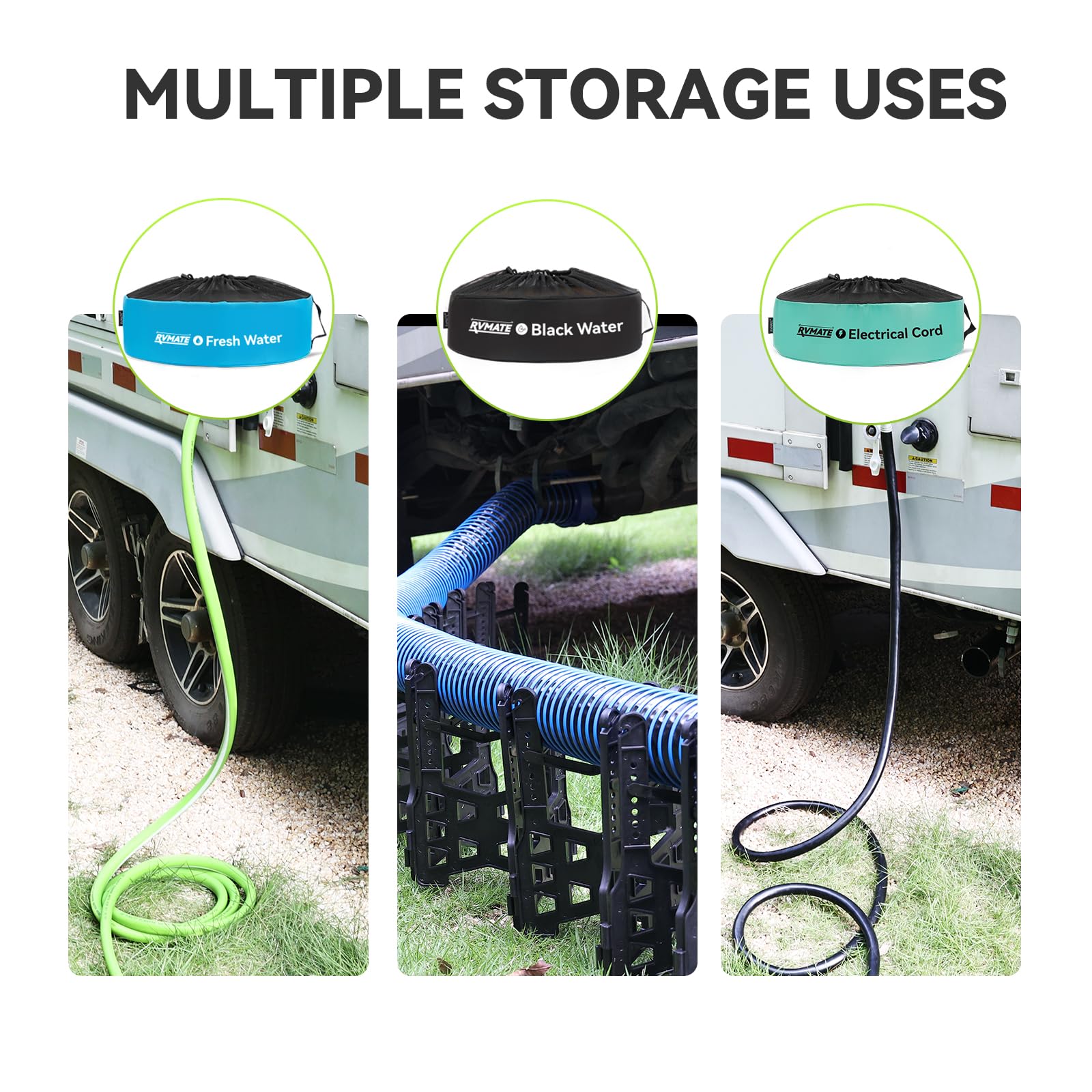 RVMATE bag containing a coiled hose, organized storage benefit