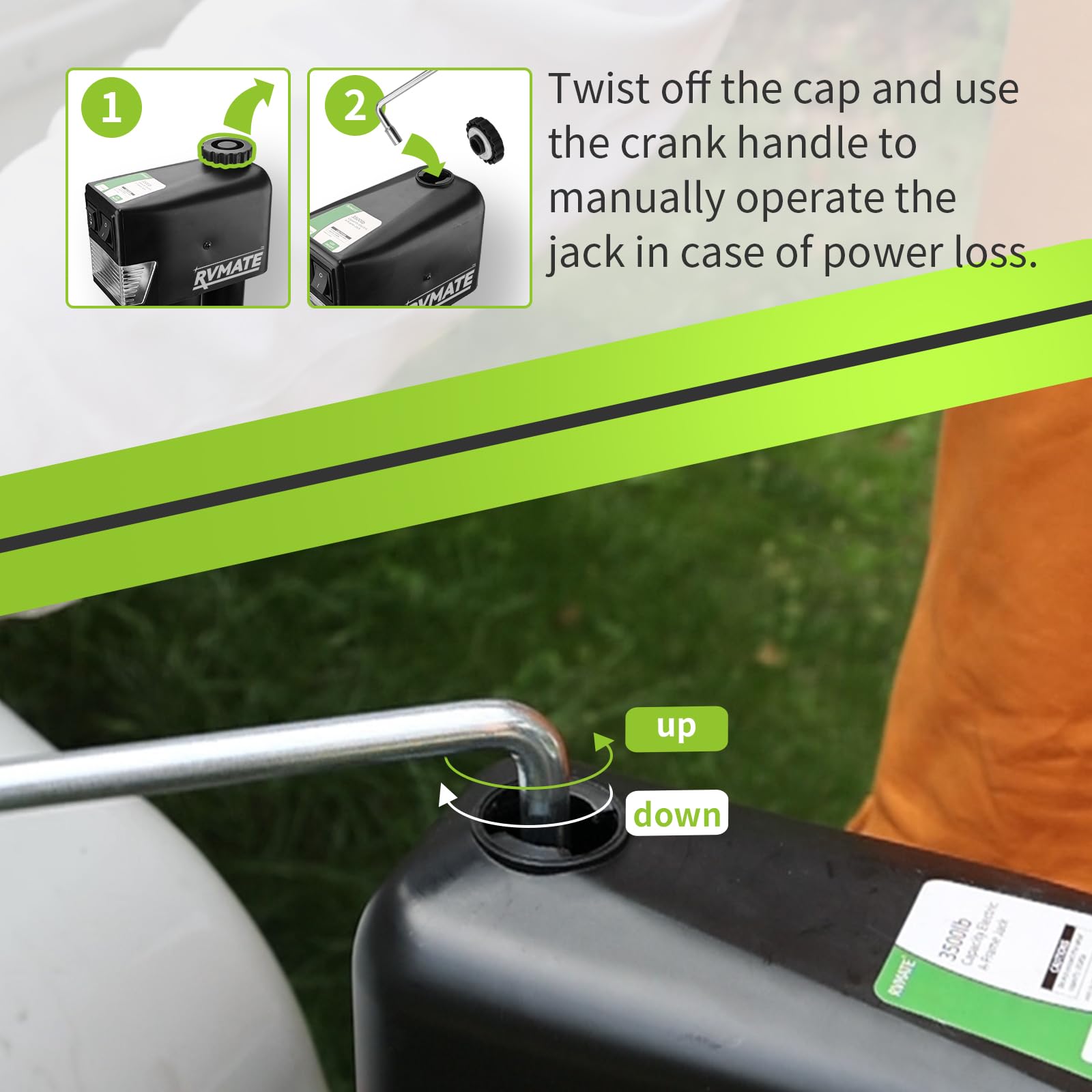 RVMATE removable footplate and drop leg on dirt providing improved ground stability