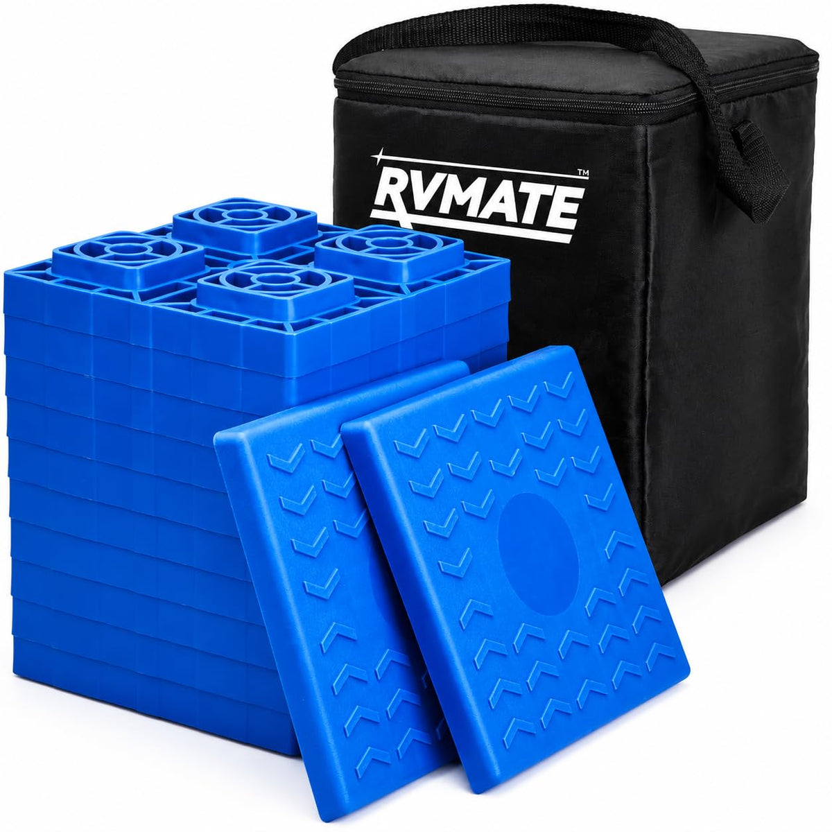 RVMATE front view of the 12 pack leveling blocks showing kit components and benefit of organization