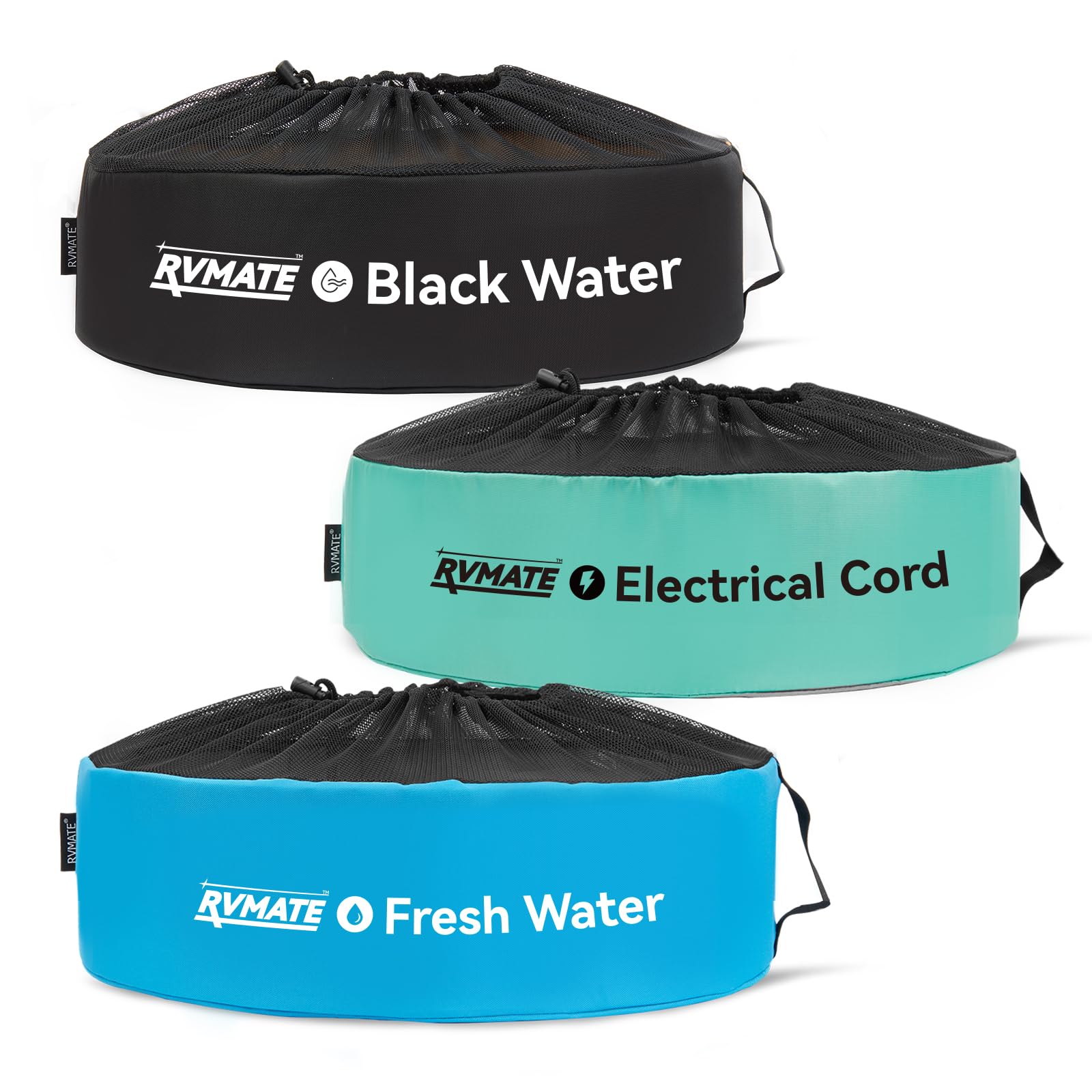 RVMATE front view of three color-coded hose bags, quick identification benefit
