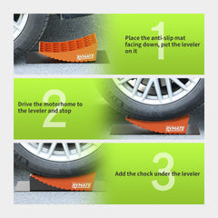 RVMATE levelers in use under an RV tire demonstrating stable elevated parking