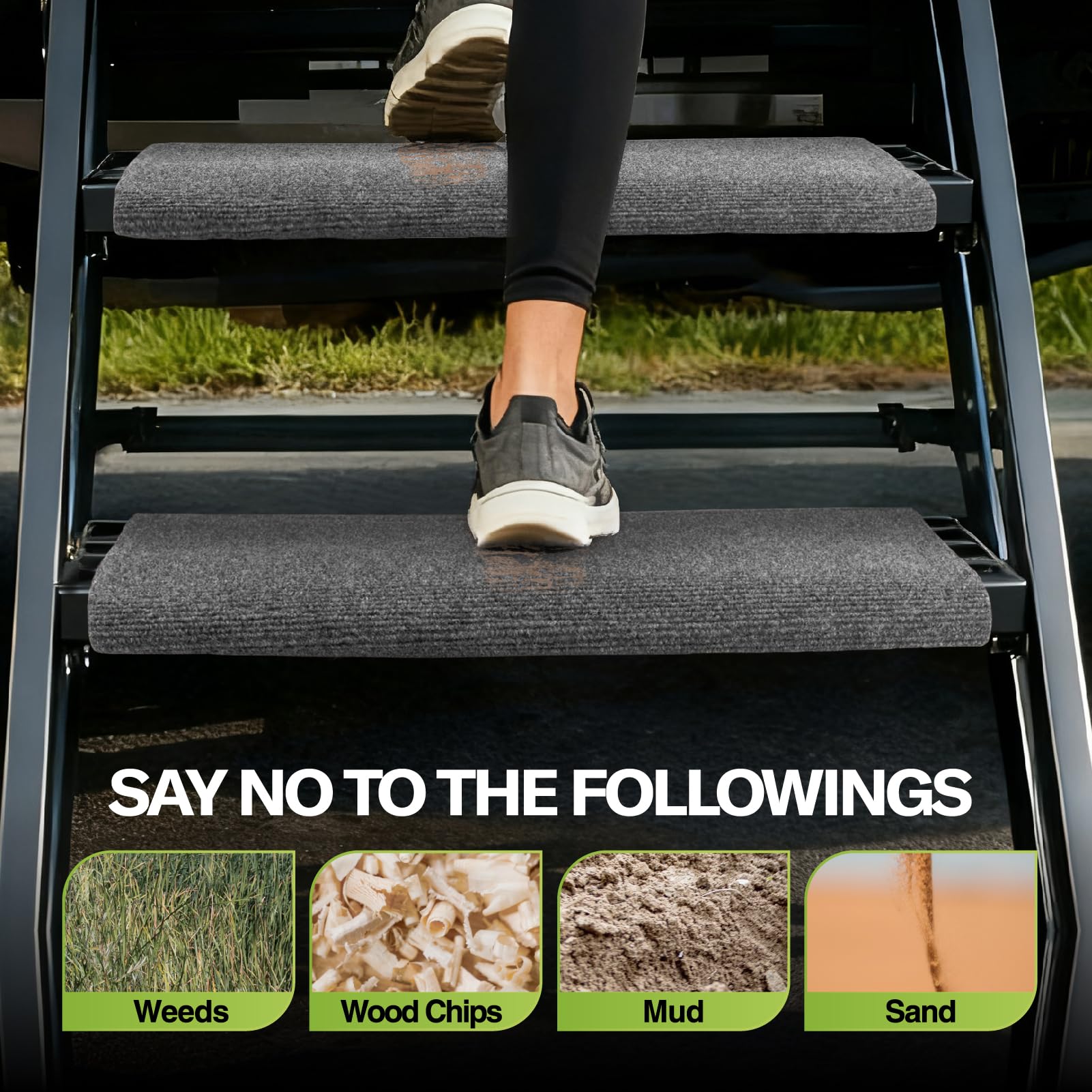 RVMATE rug installed on RV step providing slip resistance and cleanliness