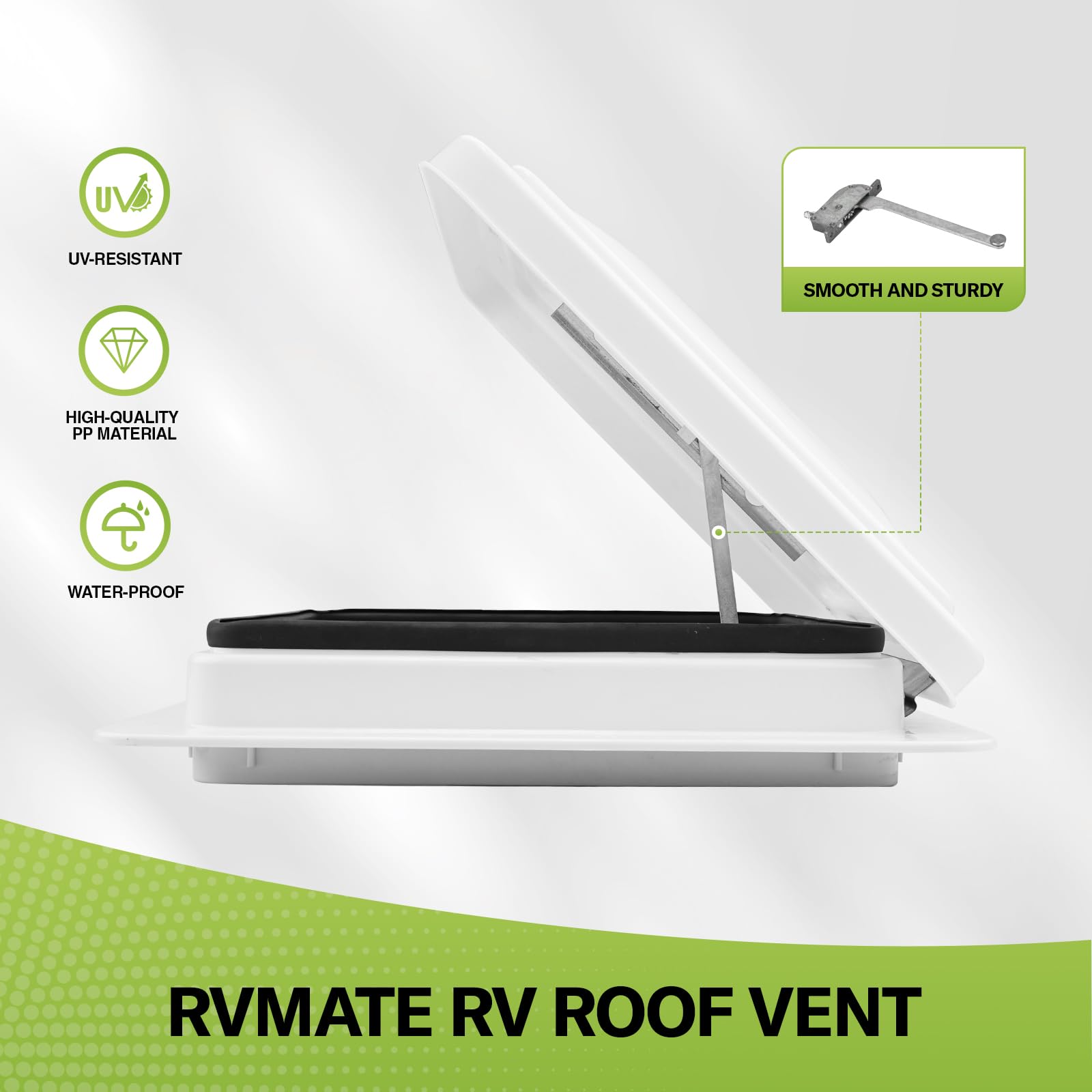RVMATE vent next to ruler showing 14x14 scale for correct fit reassurance benefit