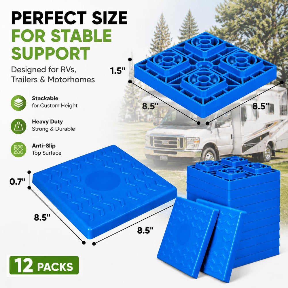 RVMATE stacked blocks demonstrating size and height increments for precise leveling