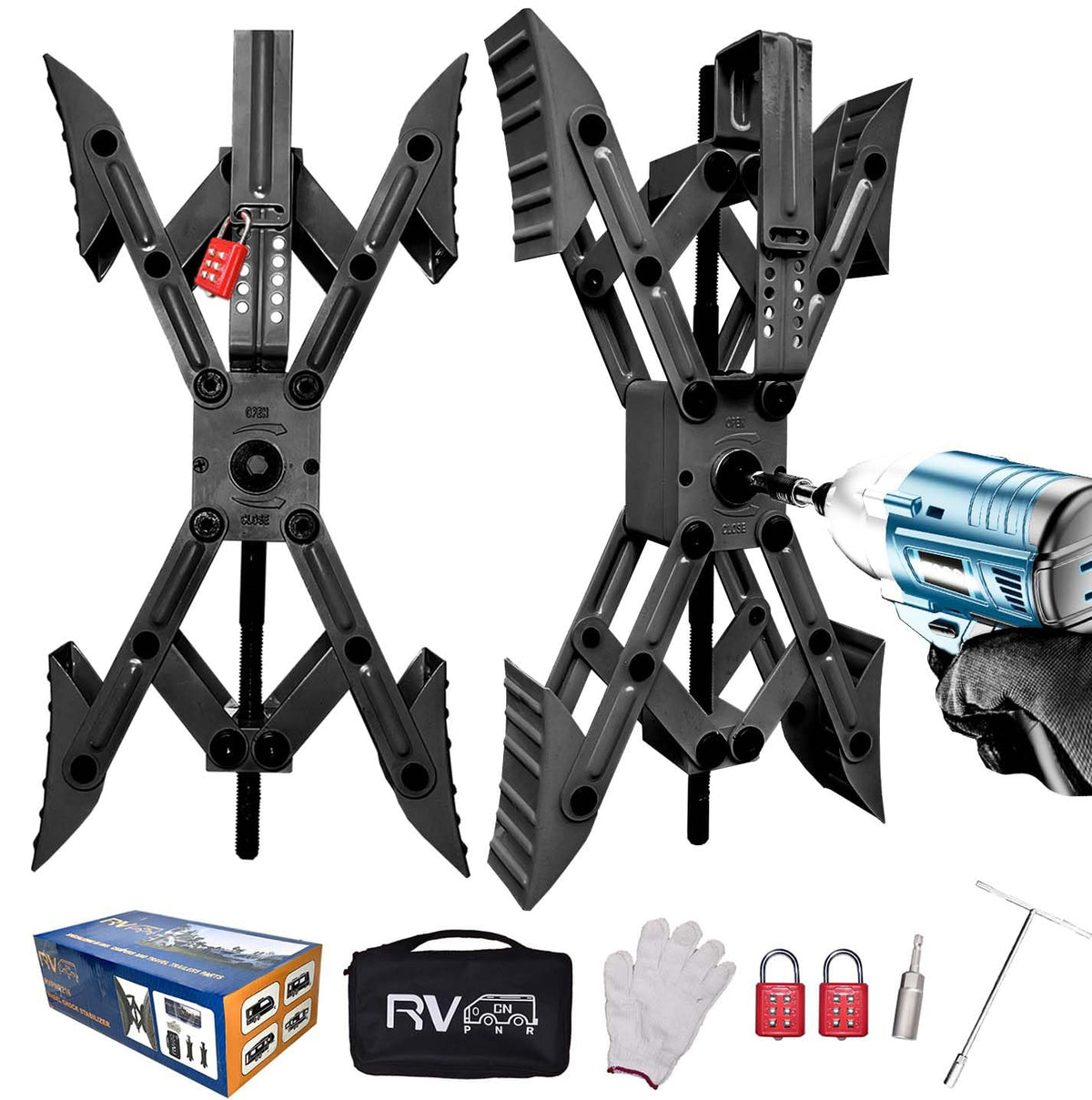 RVPNR front packaging showing both X-shaped wheel chock sets and tool kit for quick setup