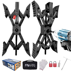 RVPNR front packaging showing both X-shaped wheel chock sets and tool kit for quick setup