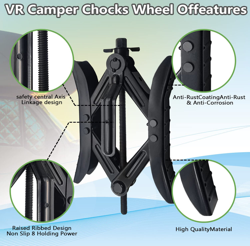 RVPNR chock installed between tandem RV tires demonstrating secure stabilization