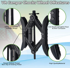 RVPNR chock installed between tandem RV tires demonstrating secure stabilization