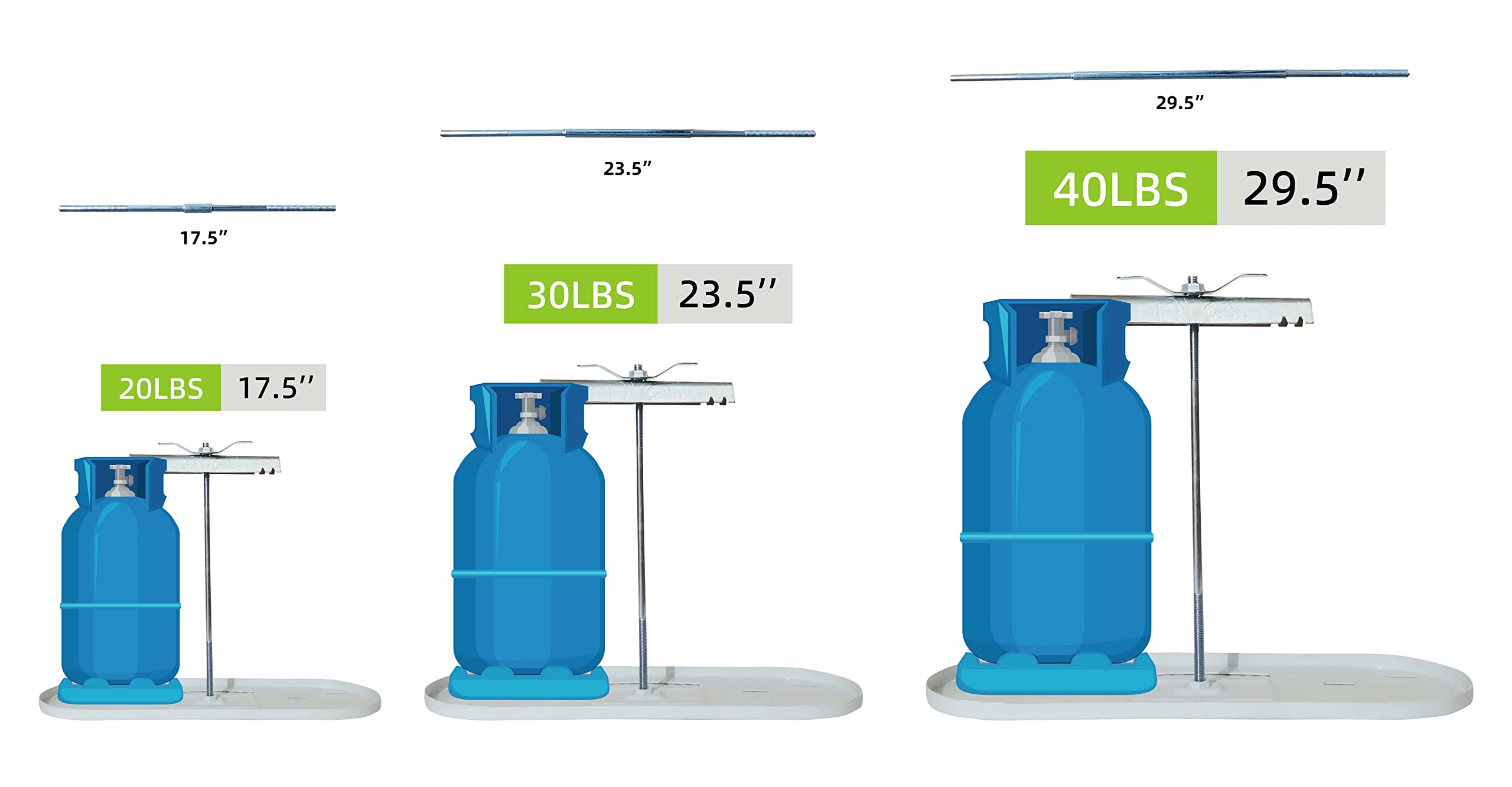 RVPNR comparison of 20, 30, 40 lb tanks on rack illustrating adjustable pipe lengths