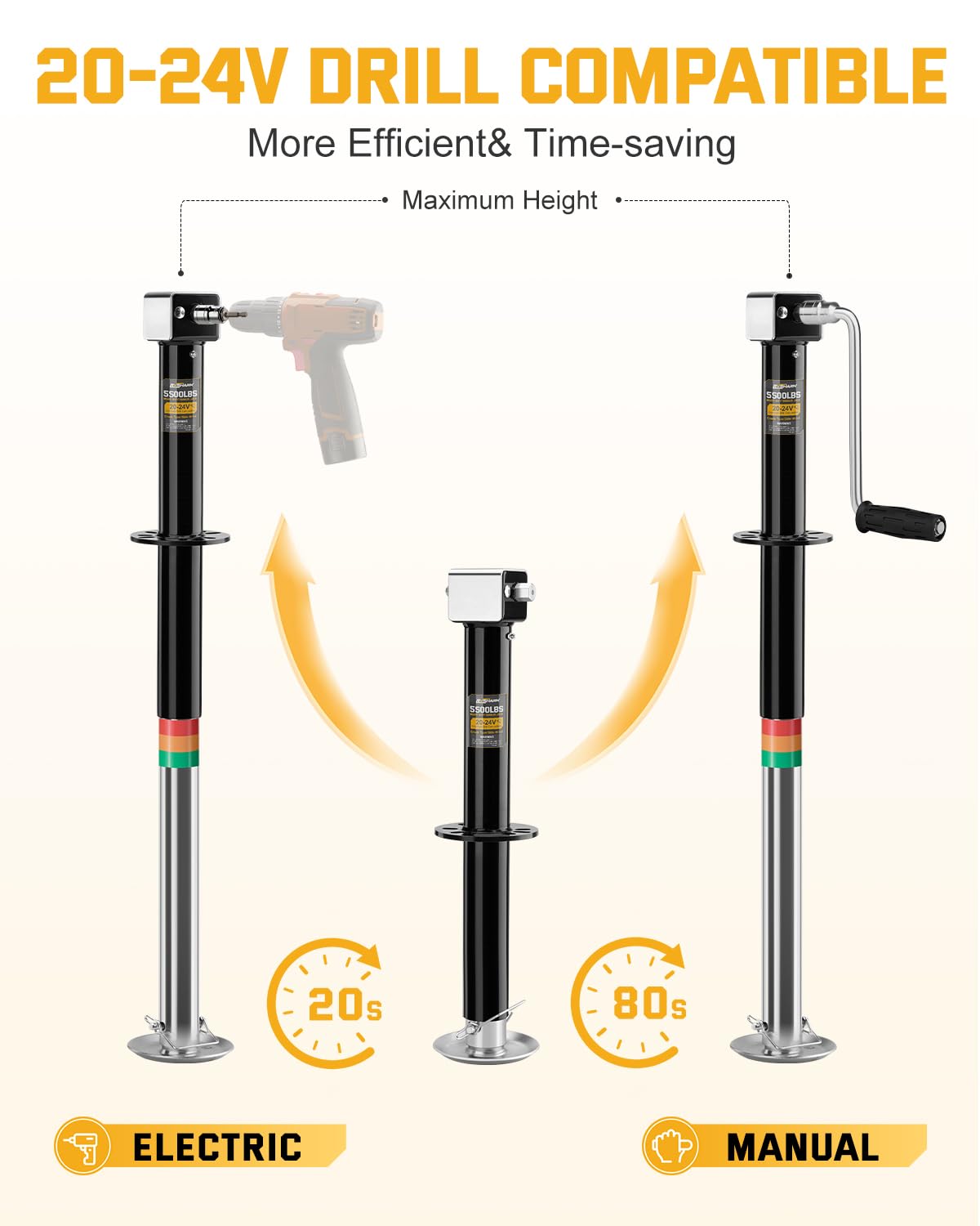 RVshark adjustable drop leg extended to demonstrate height range