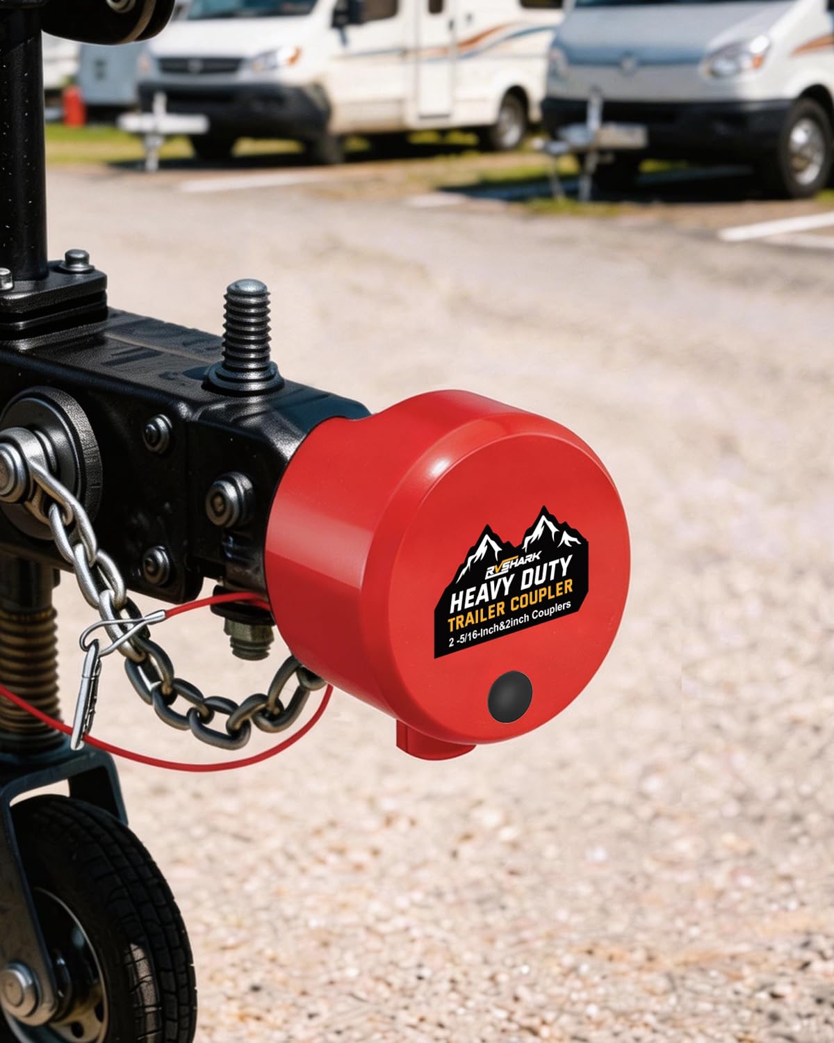 RVshark lock on trailer in RV park providing visible security deterrent