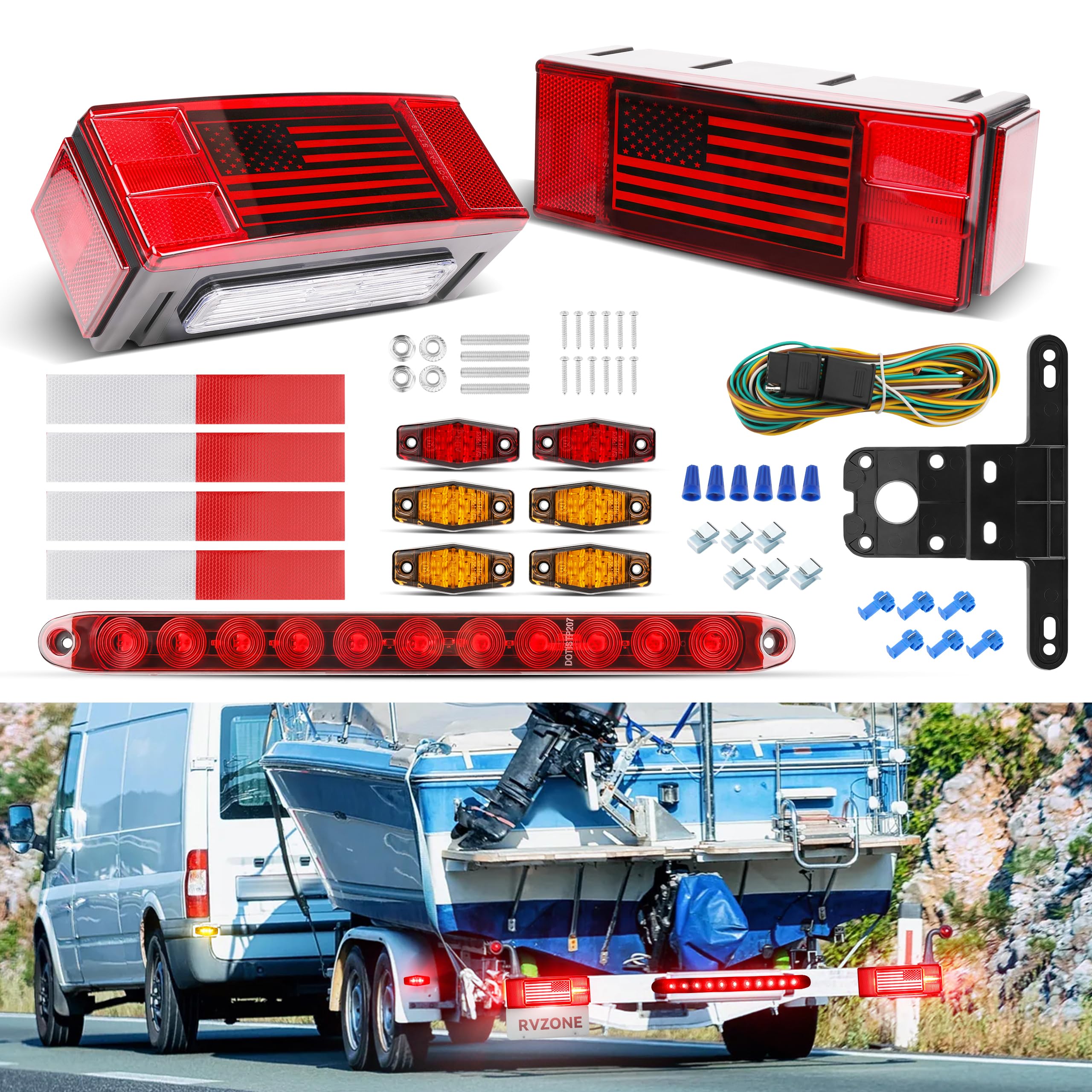 RVZONE front rectangular tail light with license lamp showing clear visibility
