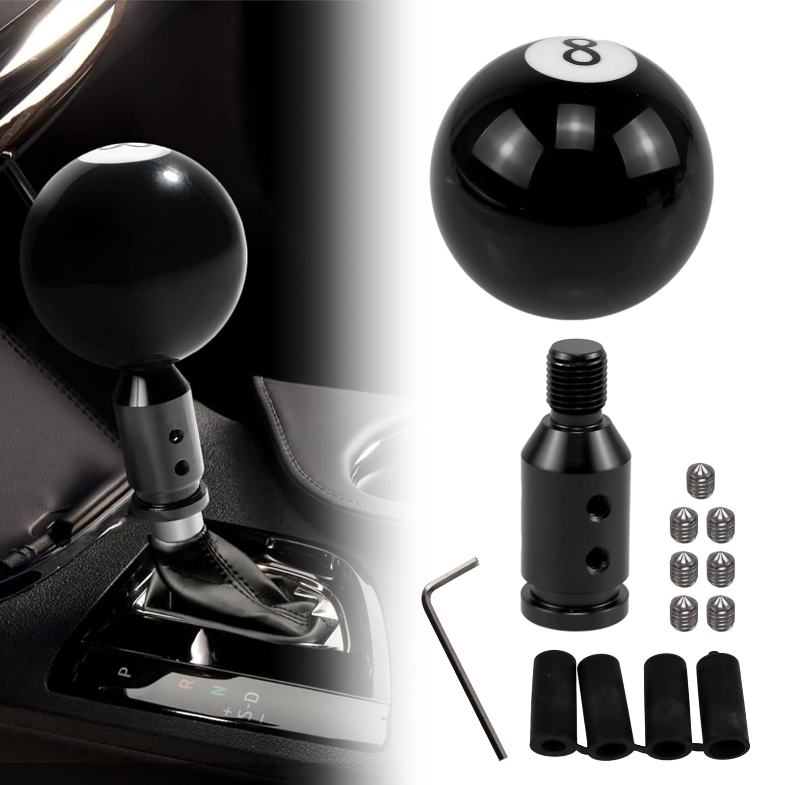 RYANSTAR black shift knob front view showing glossy finish and clear 8 Ball emblem for style