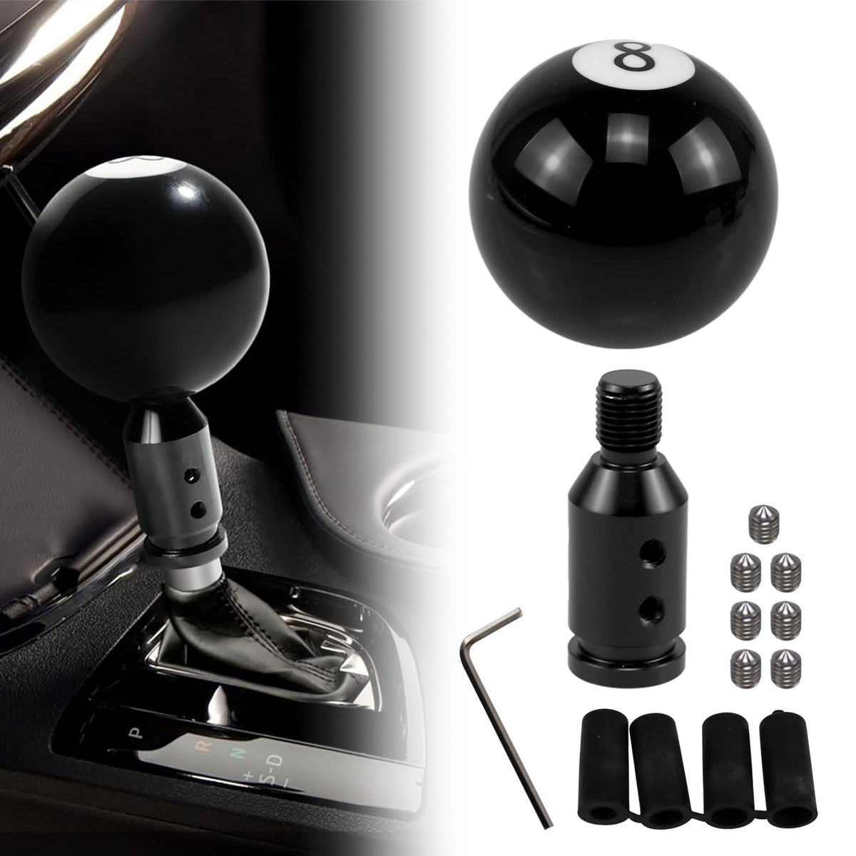 RYANSTAR black shift knob front view showing glossy finish and clear 8 Ball emblem for style