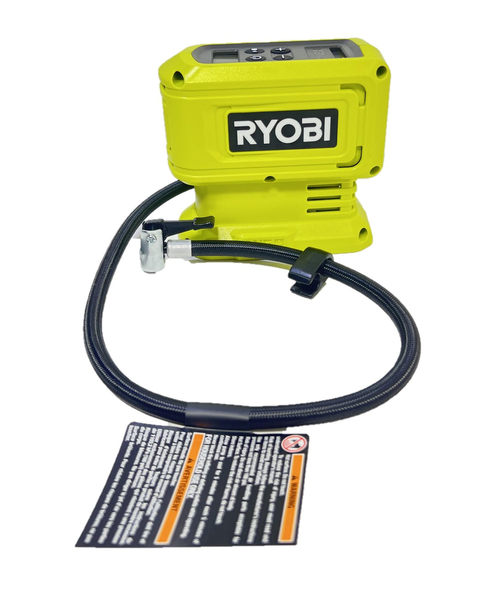 RYOBI inflator inflating a car tire demonstrating quick roadside top-up benefit