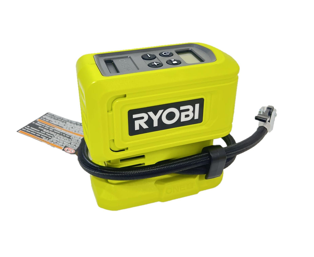 RYOBI inflator held in hand showing small size for easy storage benefit