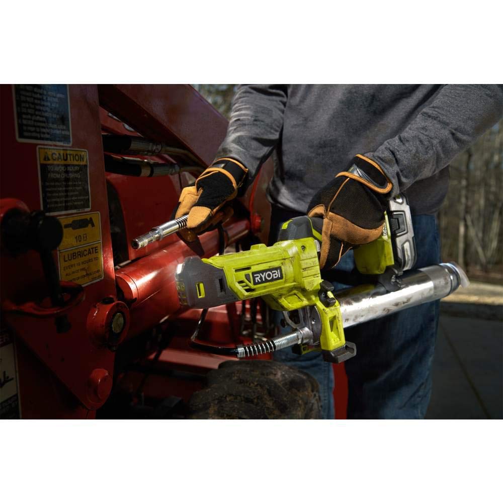 RYOBI steel grease tube close-up showing durable construction for longevity benefit
