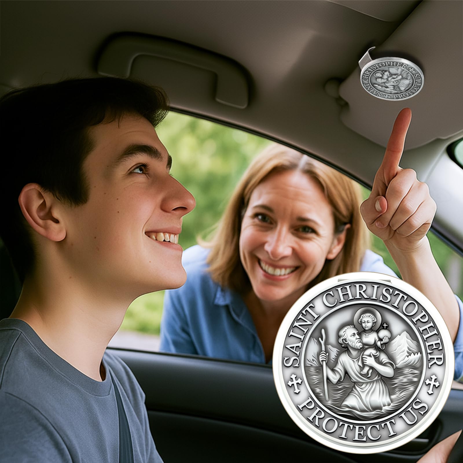 RYYOF visor clips in car interior conveying faith-based comfort