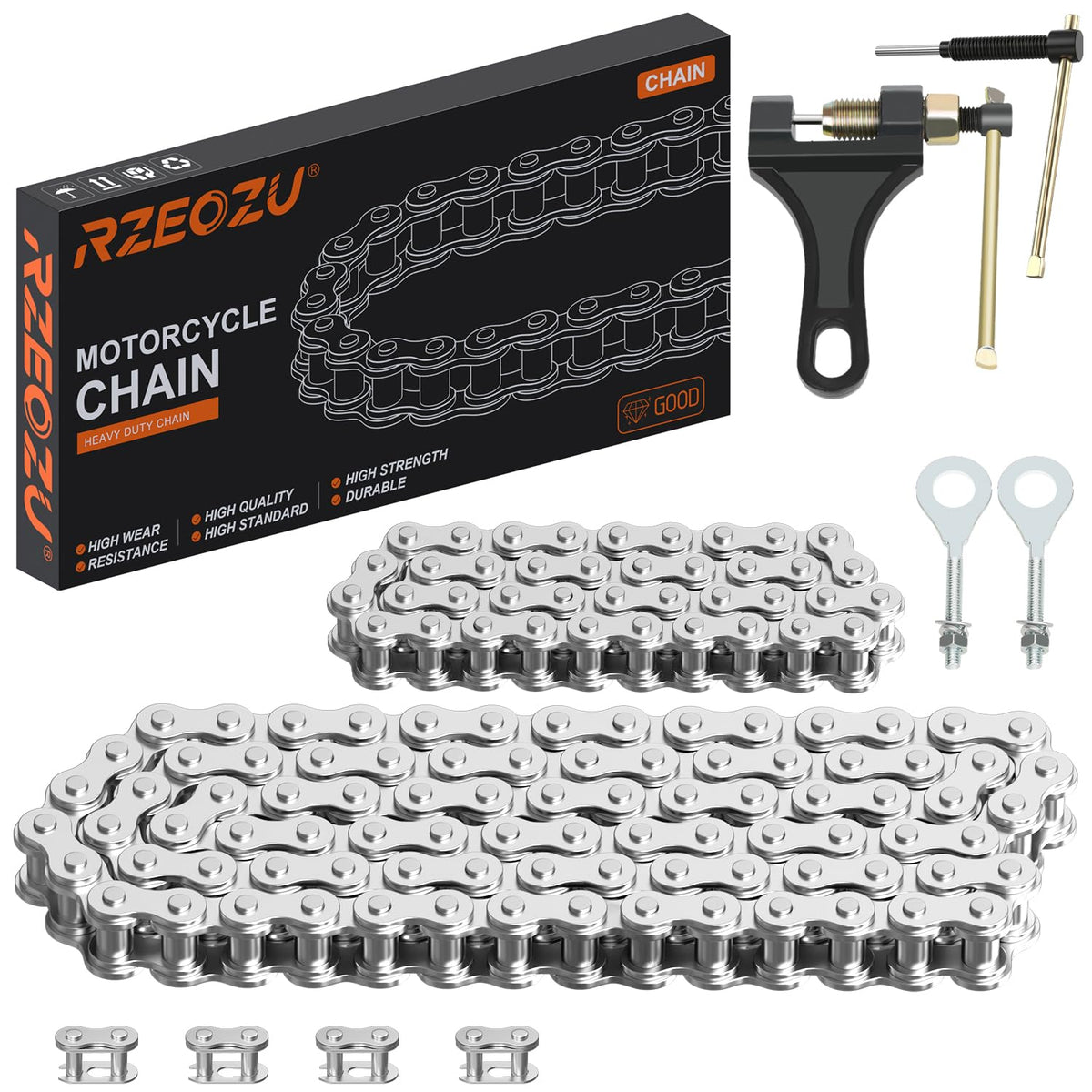 RZEOZU front packaging showing 420 chain kit and included tools for easy installation
