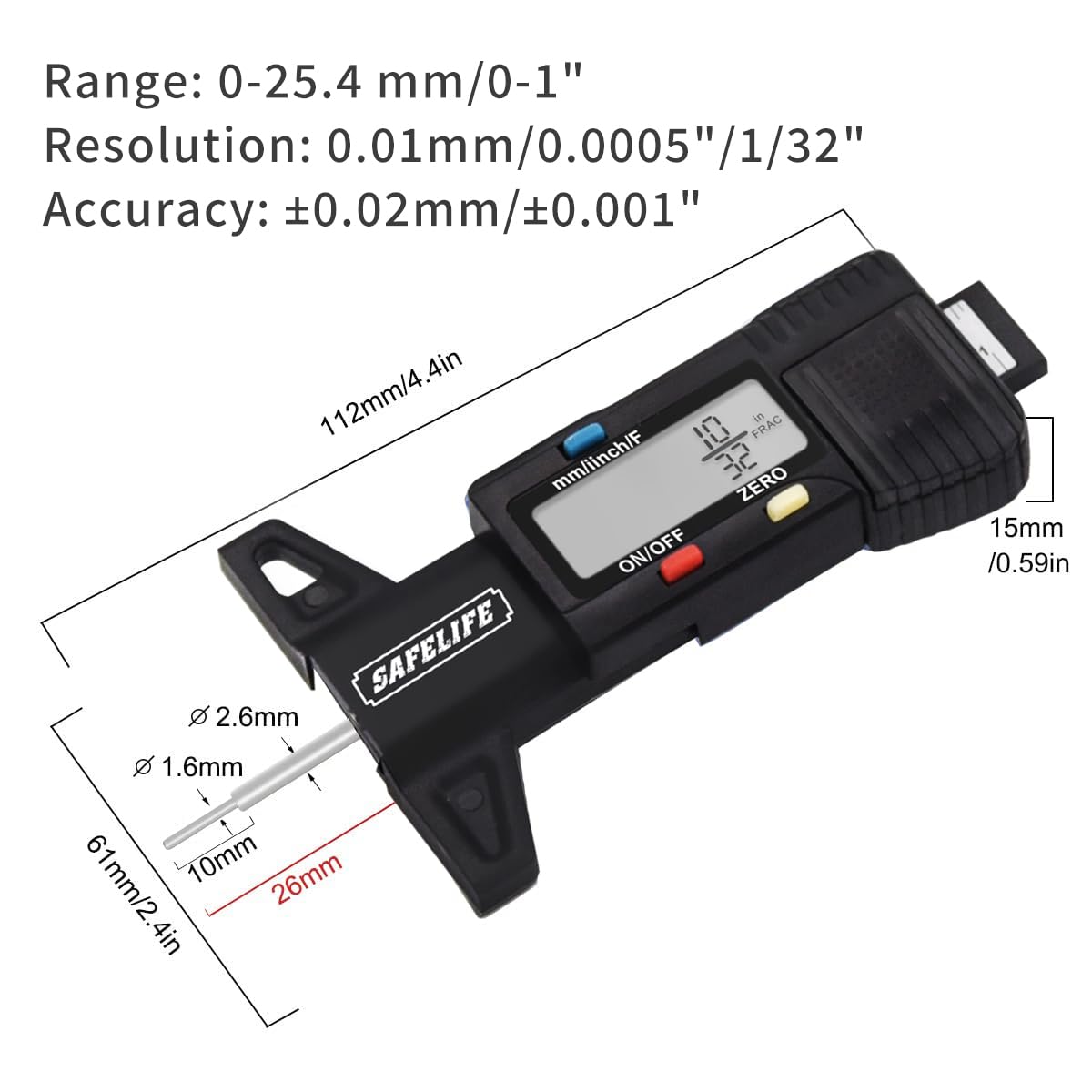 SAFELIFE gauge in use on a car tire demonstrating fast tread checks