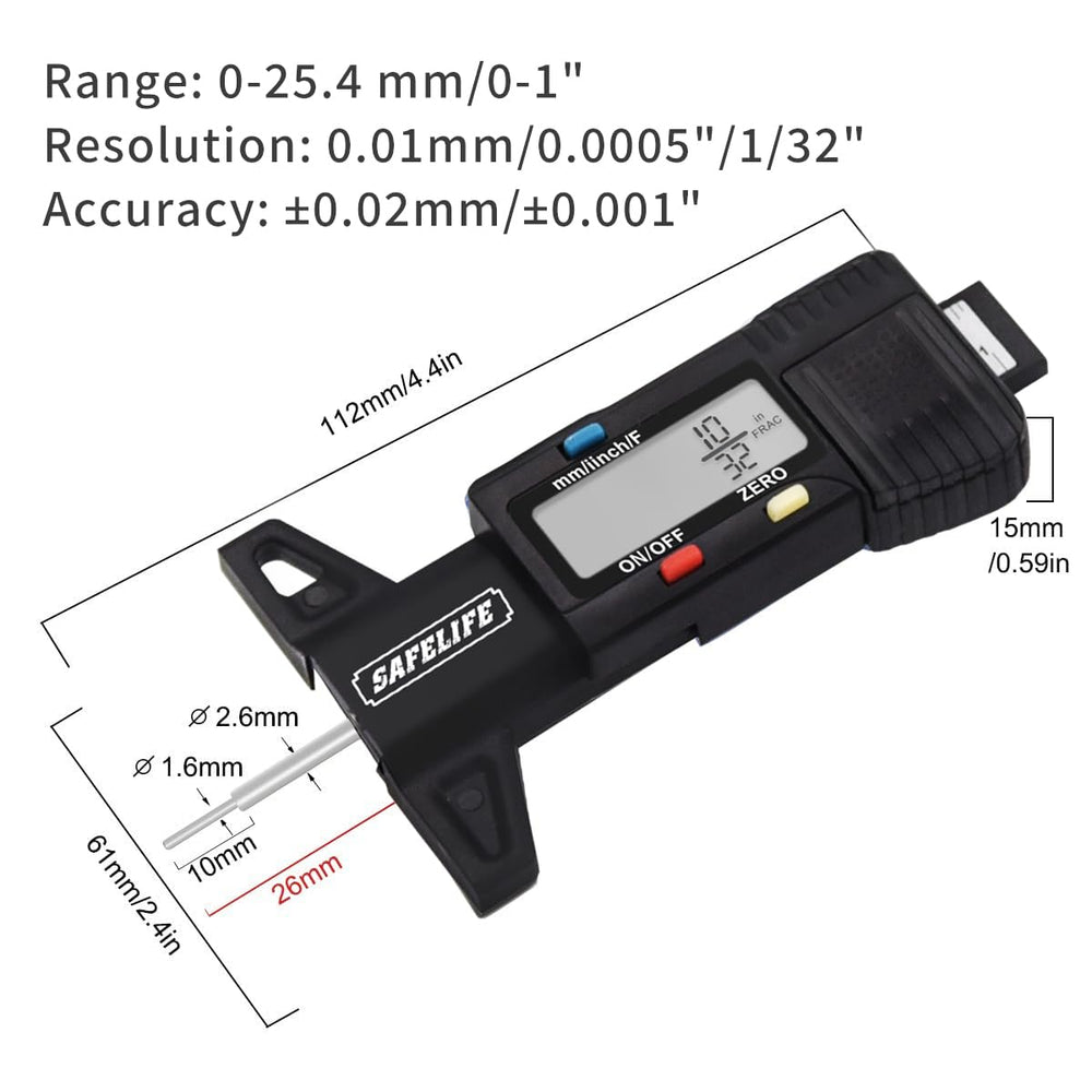 SAFELIFE gauge in use on a car tire demonstrating fast tread checks
