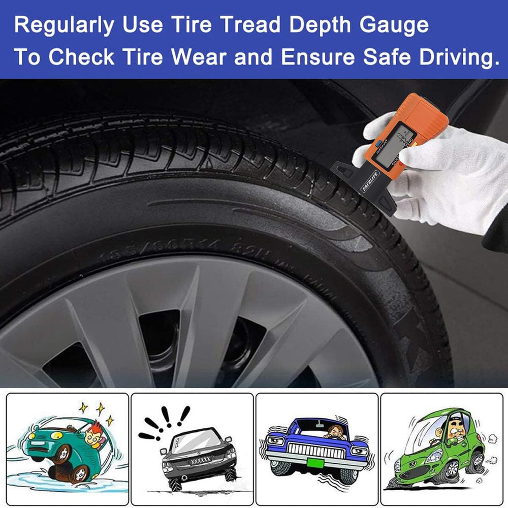 SAFELIFE being used at a car tire to confirm safe tread depth before driving