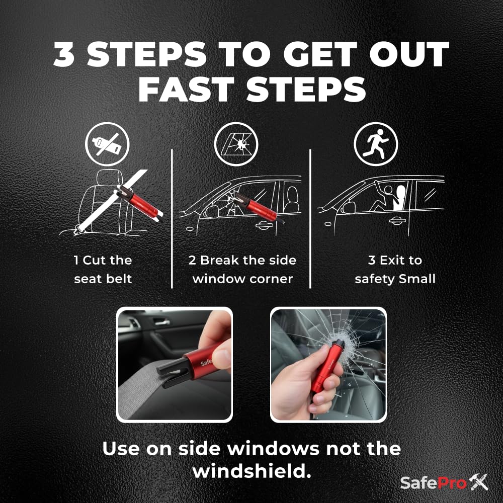 SafePro X used to break auto glass demonstrating quick window exit capability
