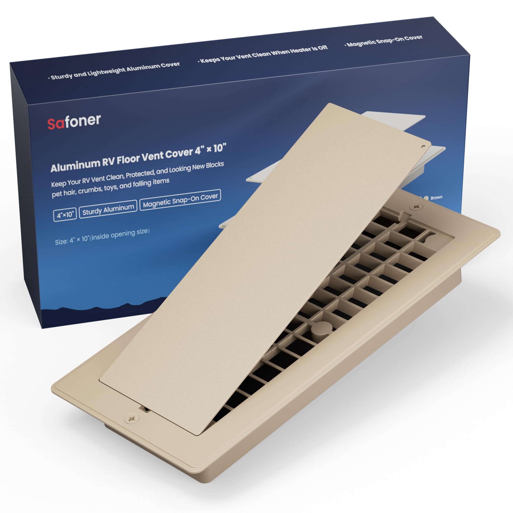 Safoner floor register front view showing clean aluminum finish and durable look