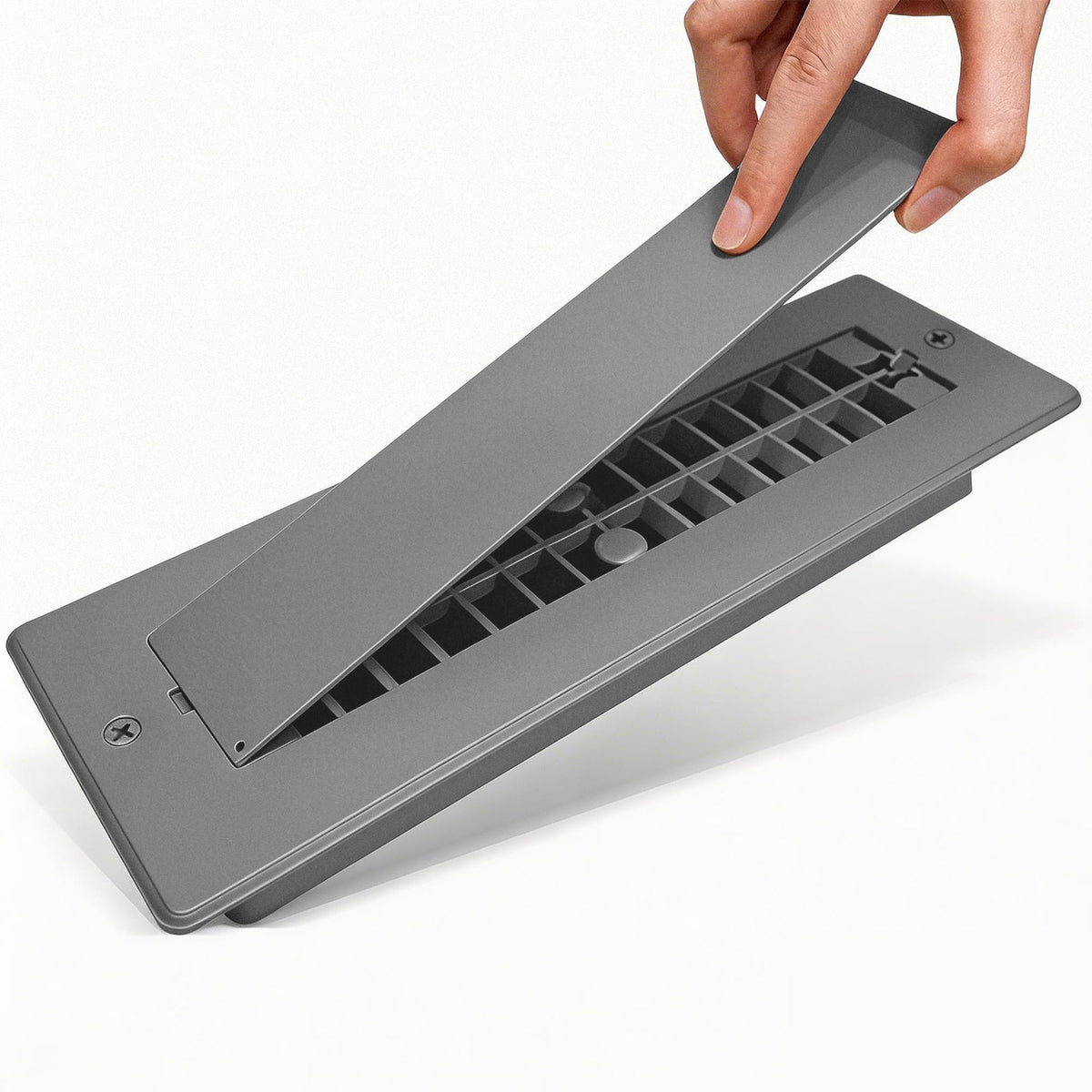 Safoner front view of aluminum floor register showing neat top plate and cover benefit: durable finish