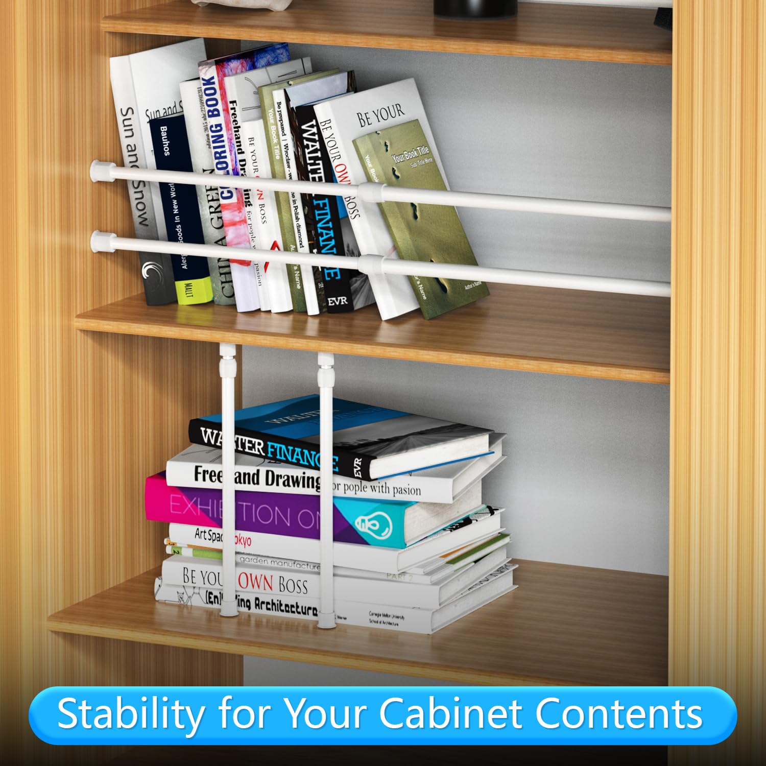 Safoner mounted inside an RV cabinet securing dishes and preventing shifting