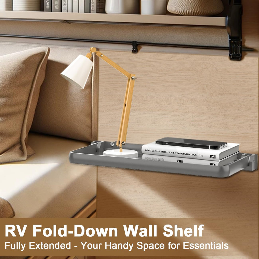 Safoner shelf in use beside bed holding phone and drink for convenience
