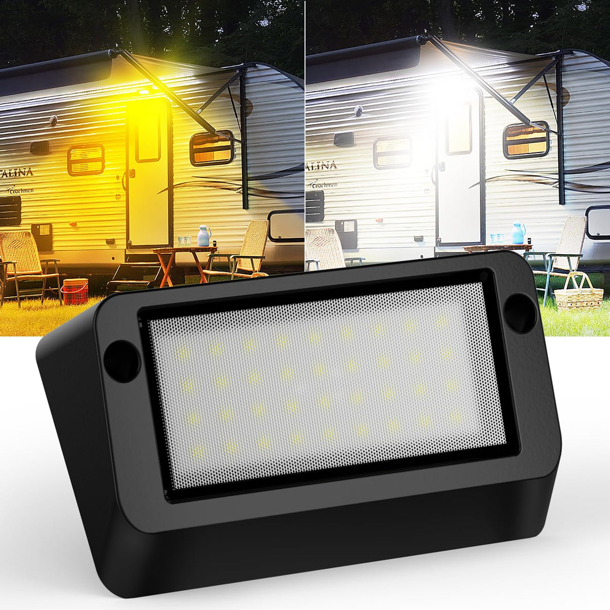 Safoner porch light front view showing bright flood illumination and durable housing